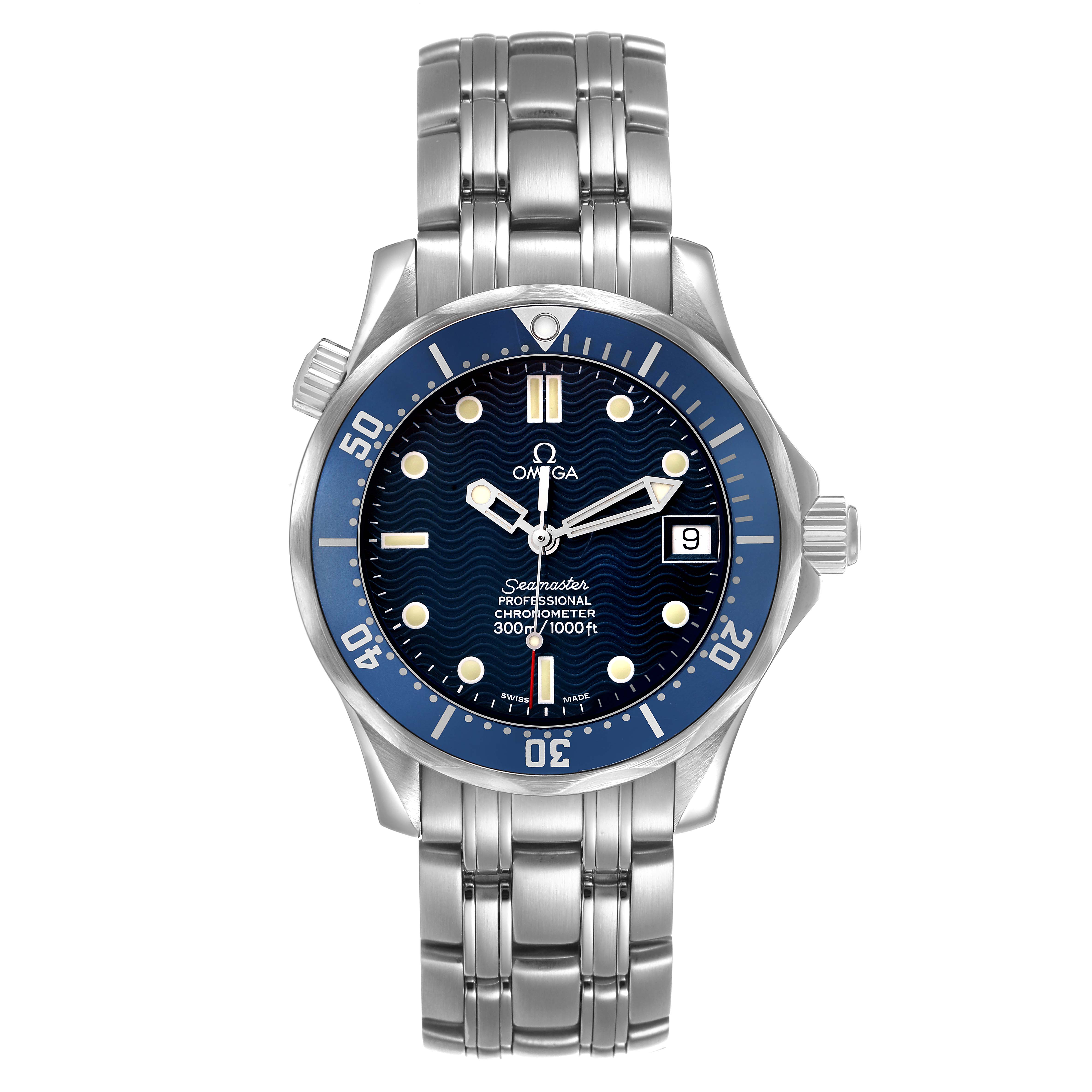 The Omega Seamaster 2551.80.00 Men's Stainless Steel Blue Dial watch is shown from a top view, displaying the dial, bezel, bracelet, and crown.