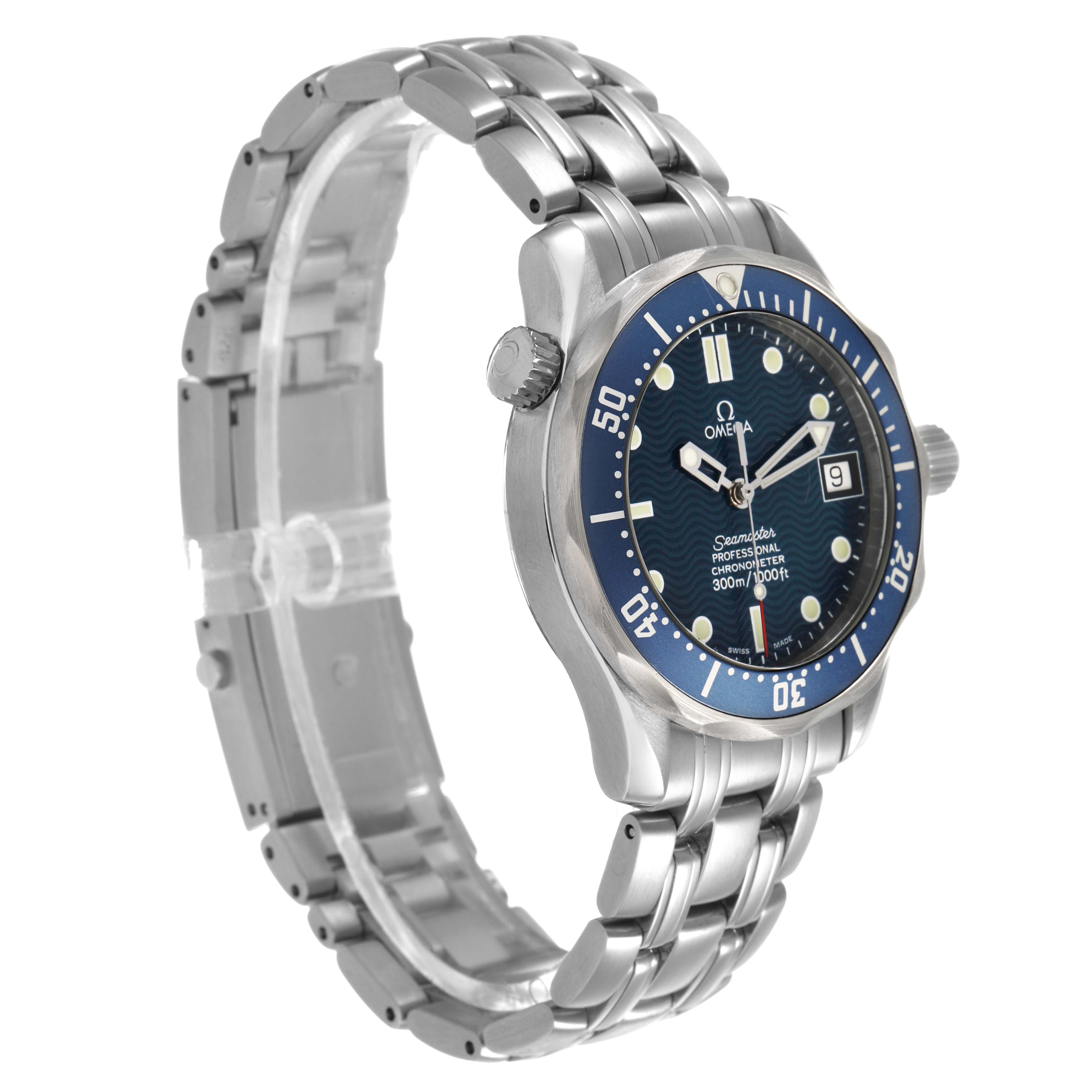 The Omega Seamaster 2551.80.00 Men's Stainless Steel Blue Dial watch is shown at a three-quarter angle, displaying the face, bezel, and part of the stainless steel bracelet.
