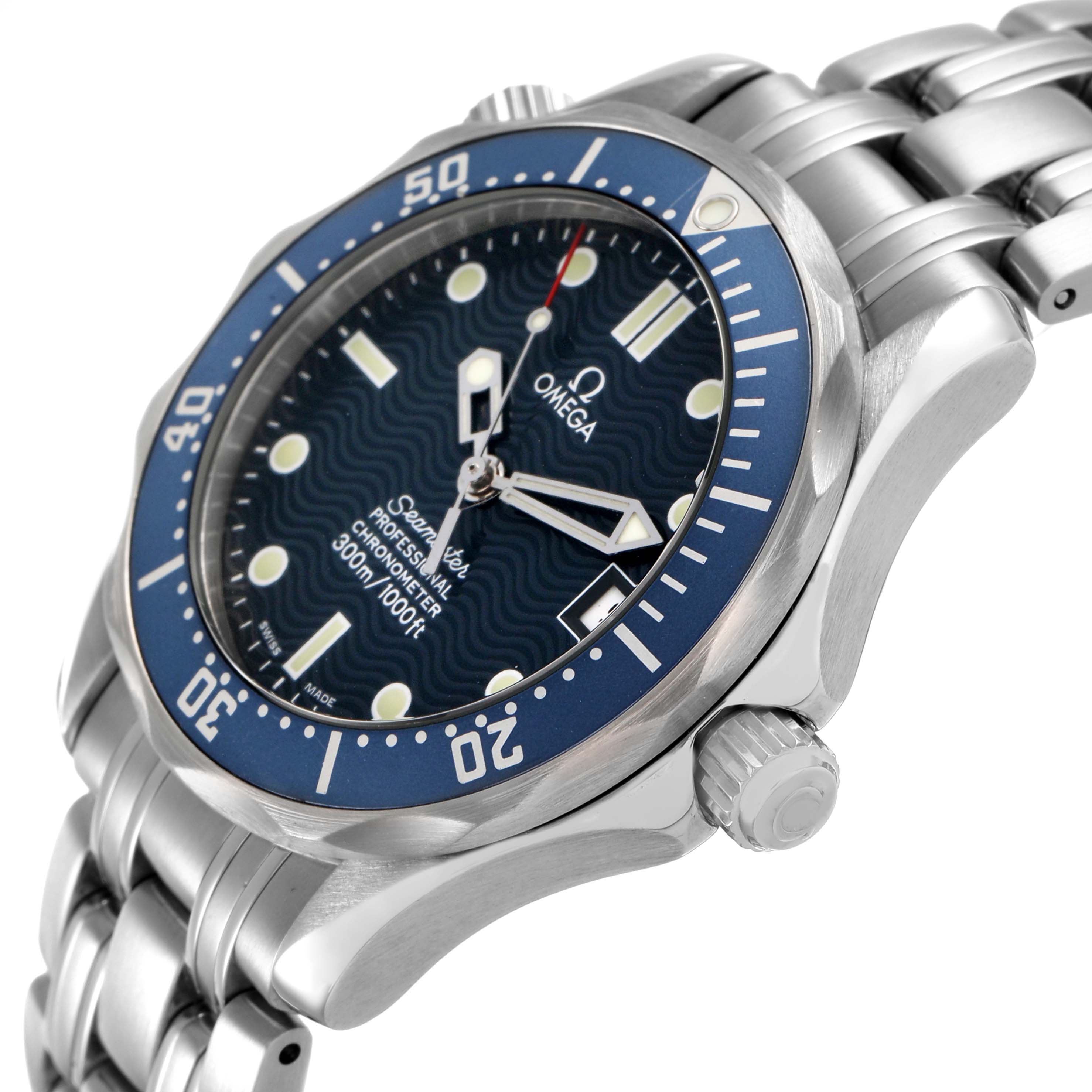 The Omega Seamaster 2551.80.00 Men's Stainless Steel Blue Dial watch is shown at an angled side view, highlighting the bezel, dial, and crown.