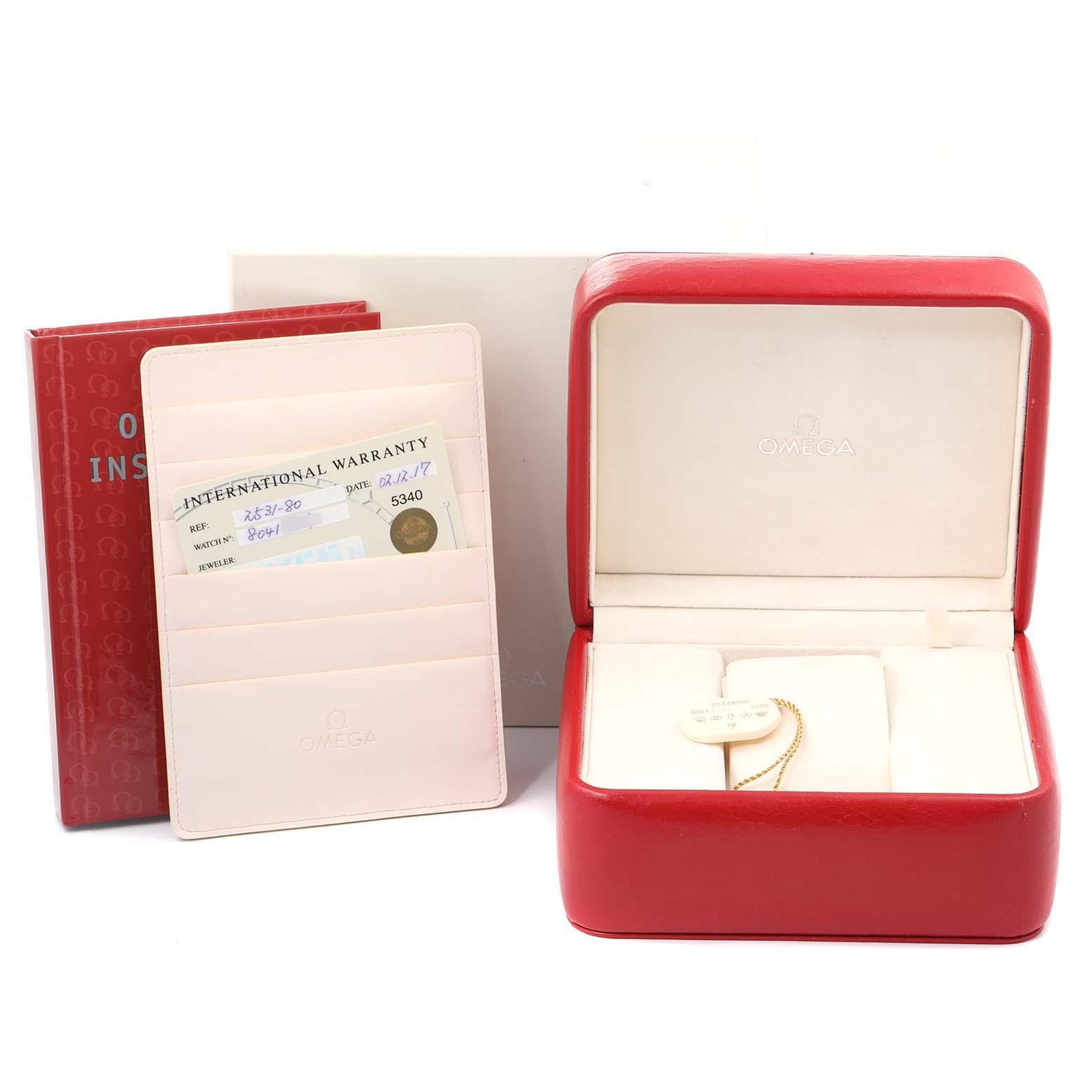 The image shows the packaging and accessories for the Omega Seamaster 2531.80.00 Men
s Stainless Steel Blue Dial 2531.80.00 Men
s Stainless Steel Blue Dial watch, including the warranty card, instruction manual, and watch box.