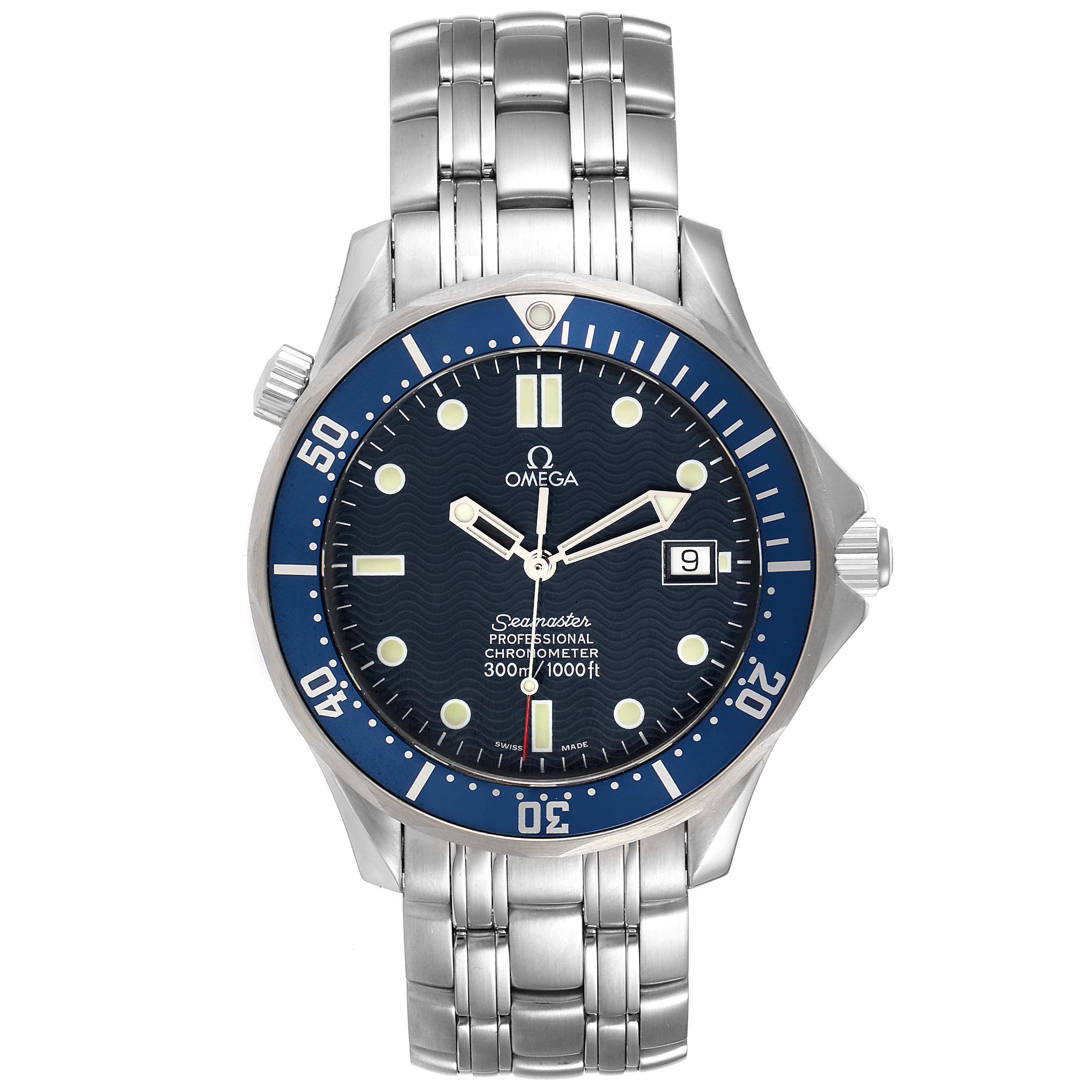 The Omega Seamaster 2531.80.00 Men
s Stainless Steel Blue Dial 2531.80.00 Men
s Stainless Steel Blue Dial watch is shown from a front angle, displaying the dial, bezel, bracelet, and crown.