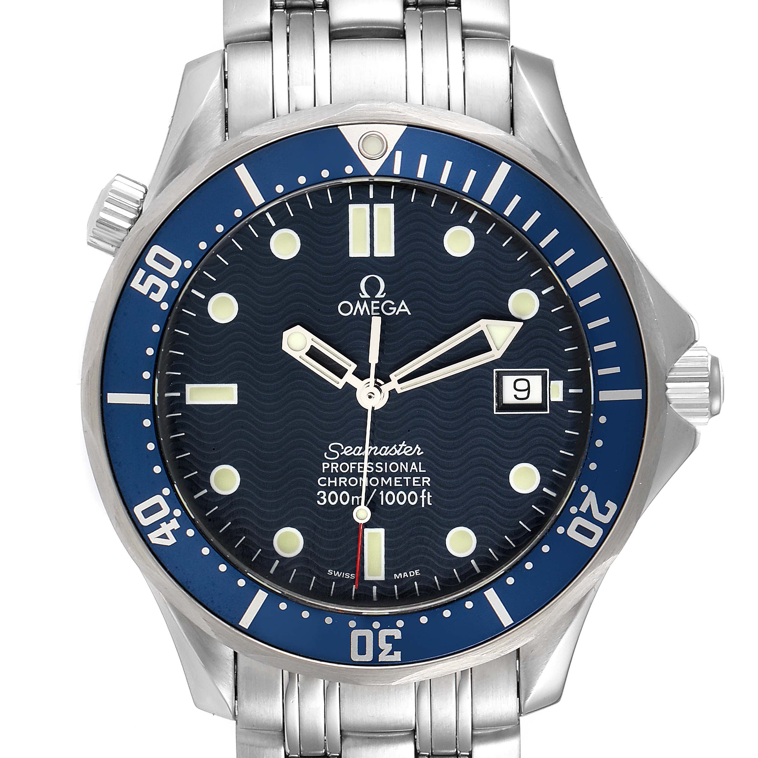 The image displays a front view of the Omega Seamaster 2531.80.00 Men
s Stainless Steel Blue Dial 2531.80.00 Men
s Stainless Steel Blue Dial watch, showing its face, bezel, and part of the bracelet.