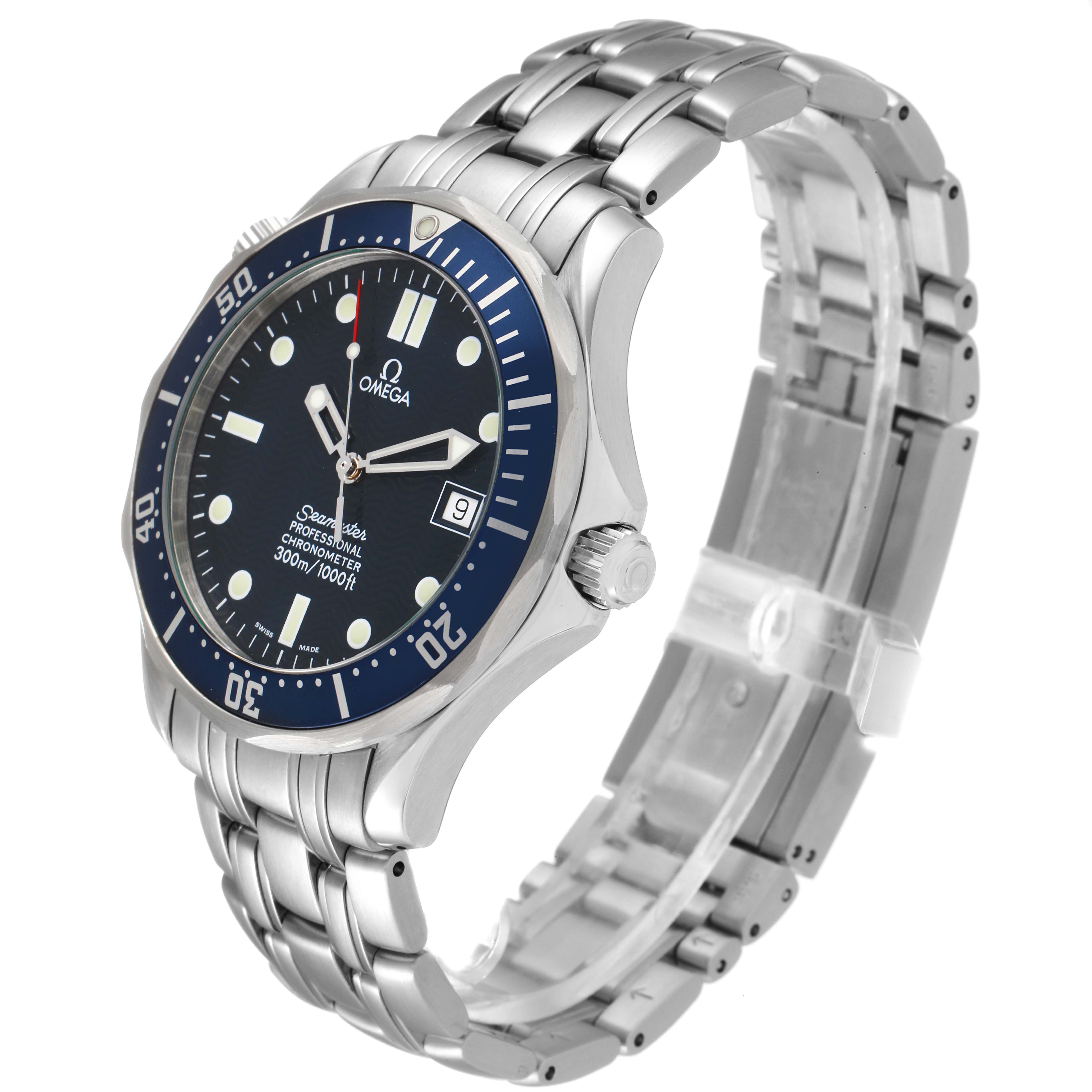 This image shows an Omega Seamaster 2531.80.00 Men
s Stainless Steel Blue Dial 2531.80.00 Men
s Stainless Steel Blue Dial watch at a three-quarter angle displaying the face, bezel, crown, and bracelet.