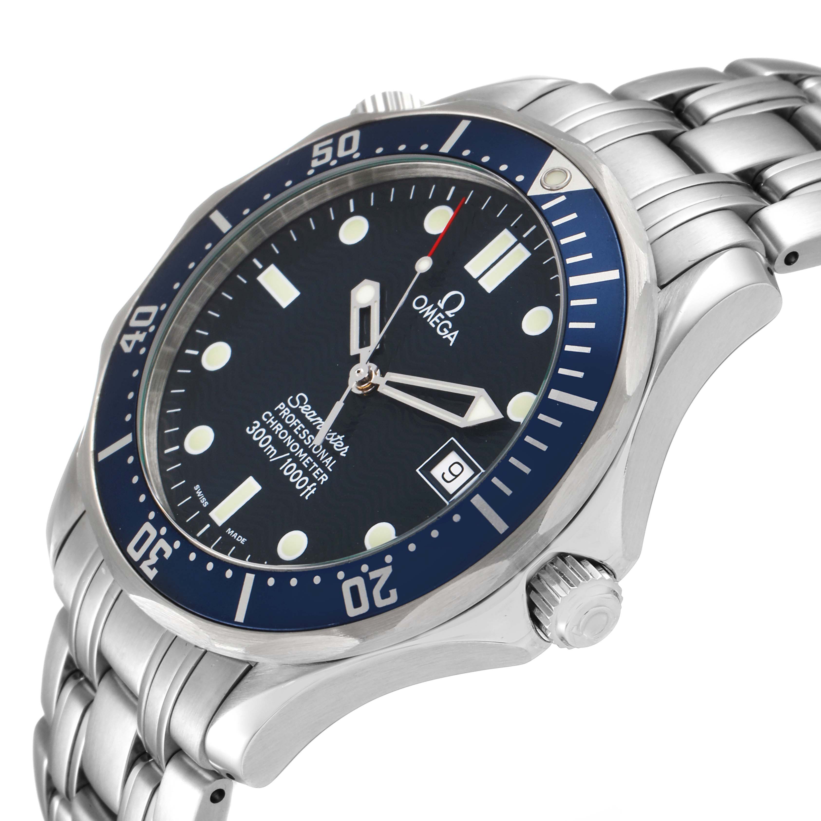 The image shows a side-angle view of an Omega Seamaster 2531.80.00 Men
s Stainless Steel Blue Dial 2531.80.00 Men
s Stainless Steel Blue Dial watch, highlighting its dial, bezel, crown, and stainless steel bracelet.