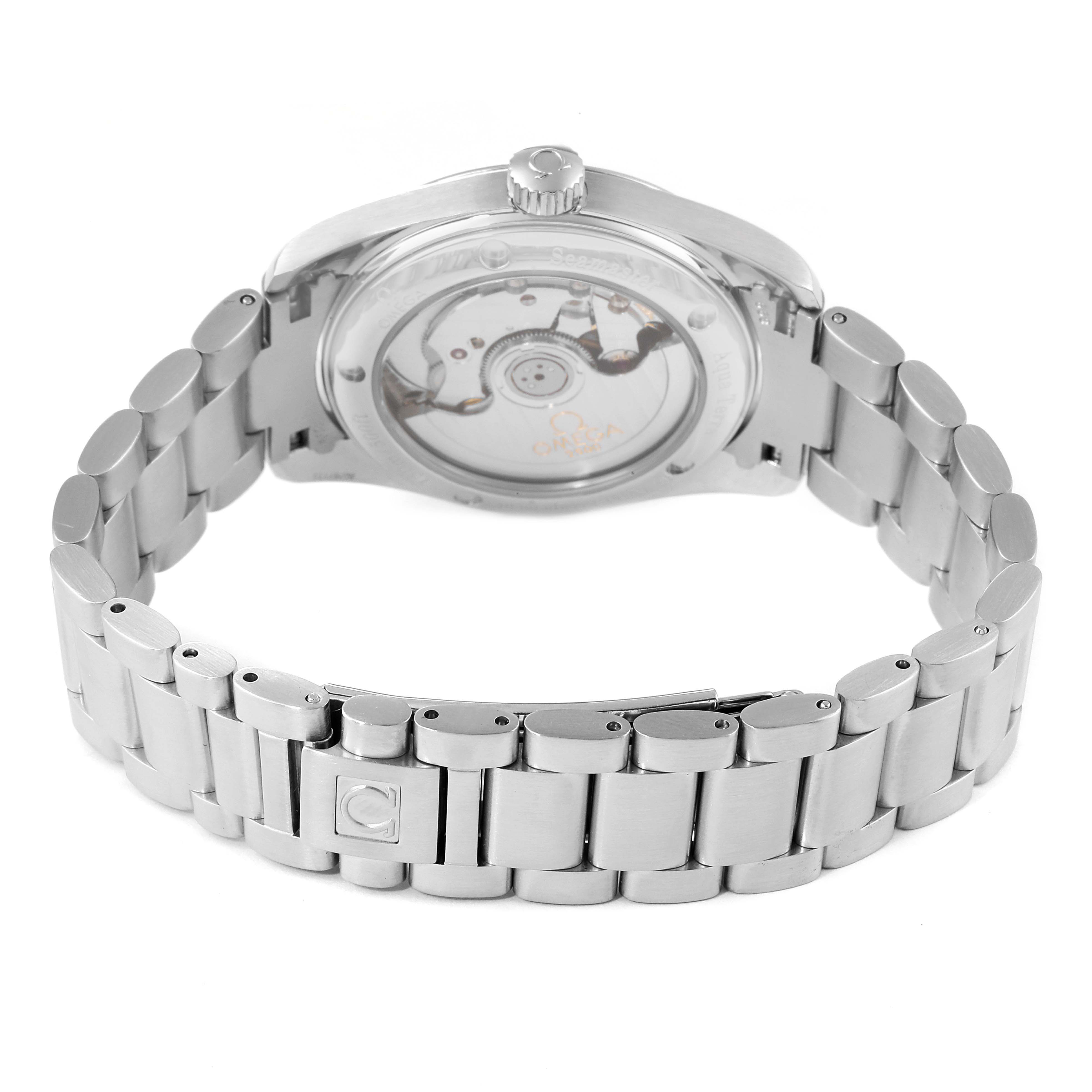 The image shows the Omega Aqua Terra 2504.30.00 Men
s Stainless Steel Silver Dial 2504.30.00 Men
s Stainless Steel Silver Dial watch from the back, highlighting the movement and metal bracelet.