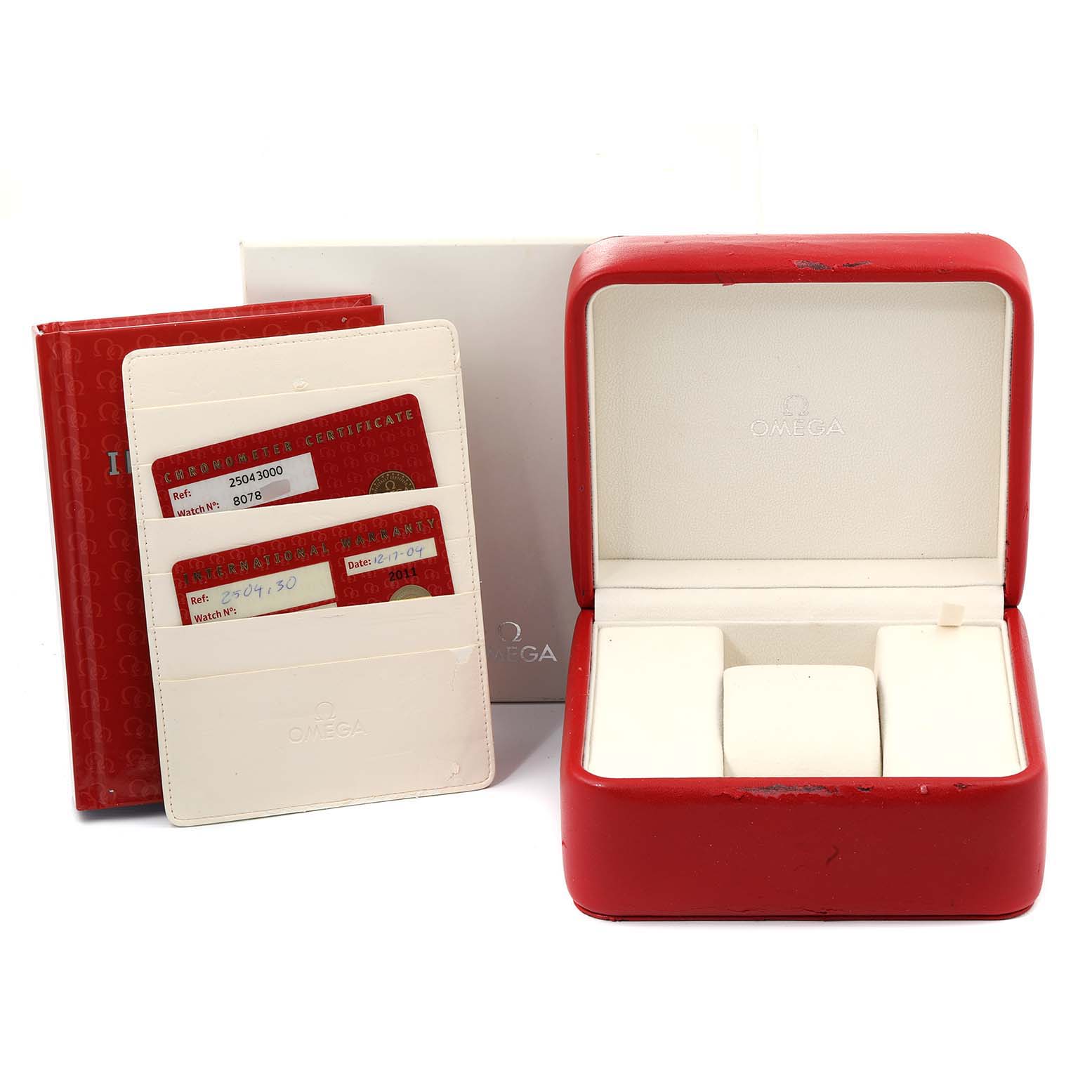 This image shows the packaging and Best Quality
ation cards for the Omega Aqua Terra 2504.30.00 Men
s Stainless Steel Silver Dial 2504.30.00 Men
s Stainless Steel Silver Dial watch, including the watch box and certificates.