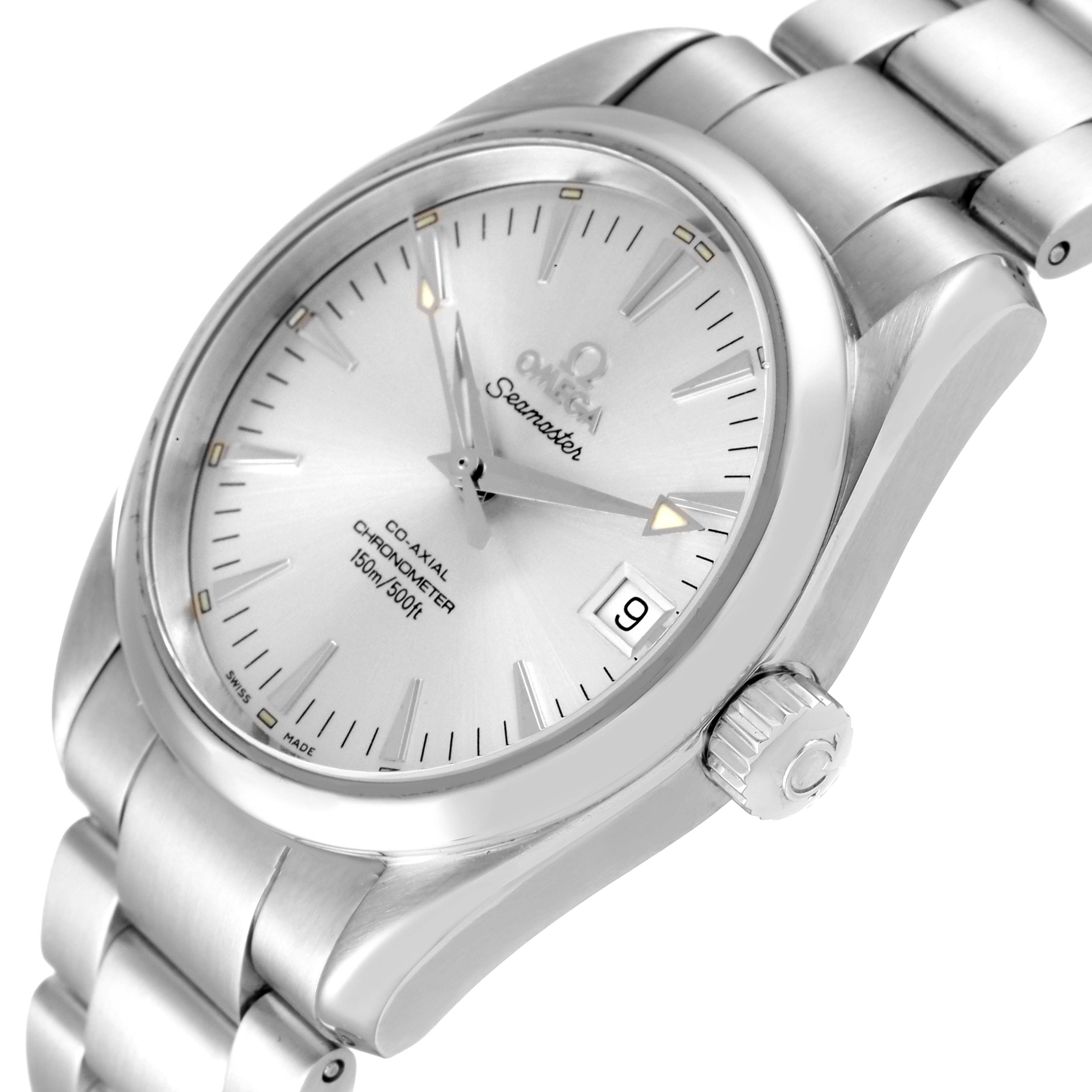 The Omega Aqua Terra 2504.30.00 Men
s Stainless Steel Silver Dial 2504.30.00 Men
s Stainless Steel Silver Dial watch is shown from a three-quarter angle, displaying the dial, crown, and part of the bracelet.