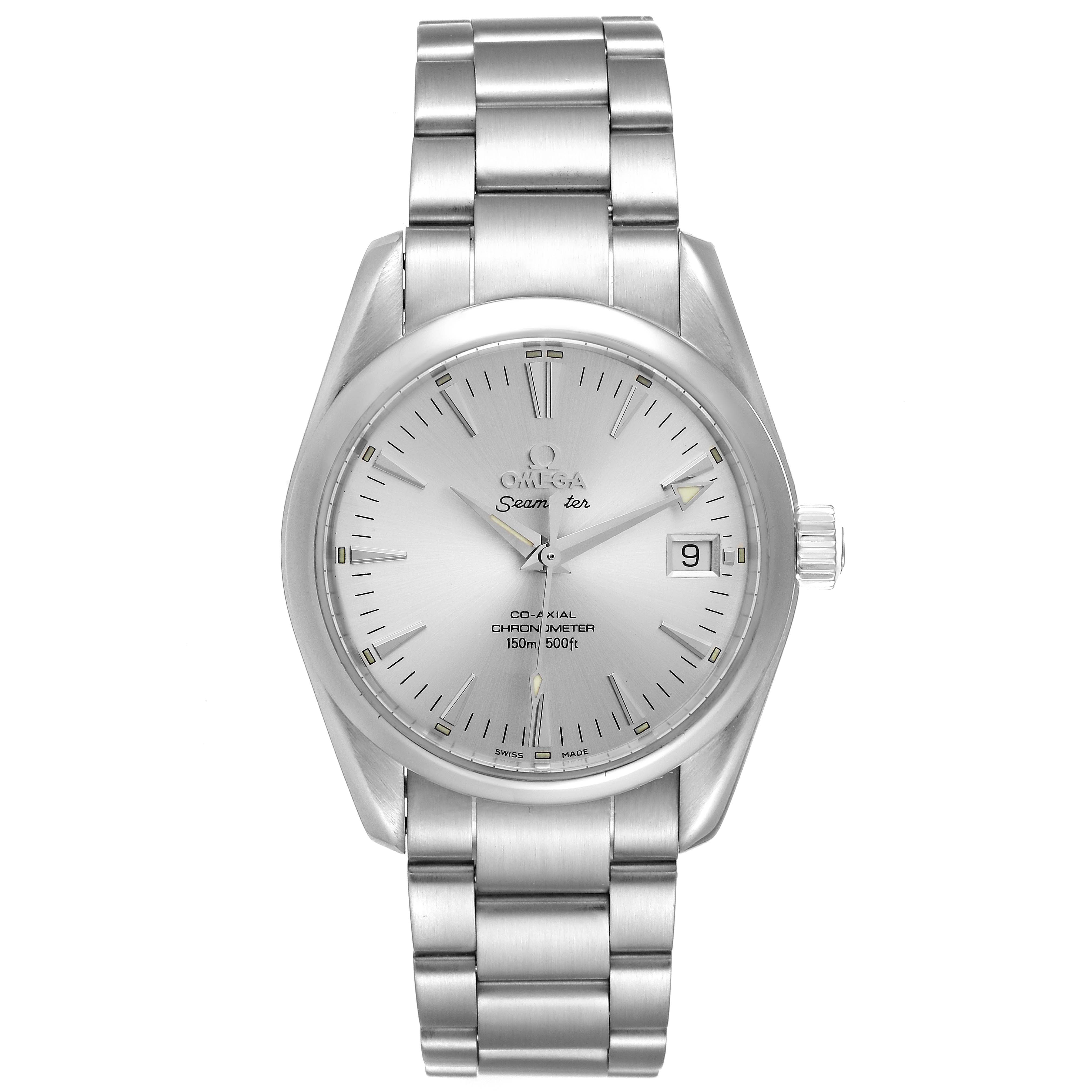 This image shows the front view of an Omega Aqua Terra 2504.30.00 Men
s Stainless Steel Silver Dial 2504.30.00 Men
s Stainless Steel Silver Dial watch, displaying the dial, hands, hour markers, date window, case, and bracelet.