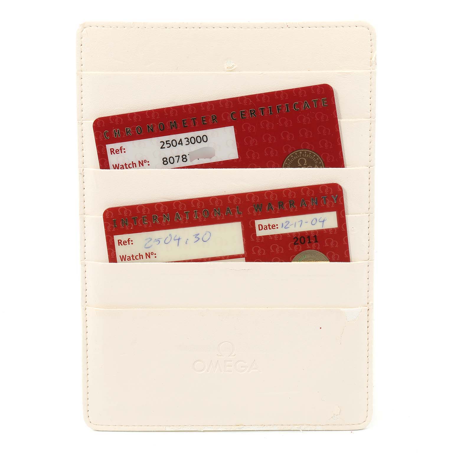 The image shows the warranty and chronometer certificate cards for the Omega Aqua Terra 2504.30.00 Men
s Stainless Steel Silver Dial 2504.30.00 Men
s Stainless Steel Silver Dial model in a white cardholder.