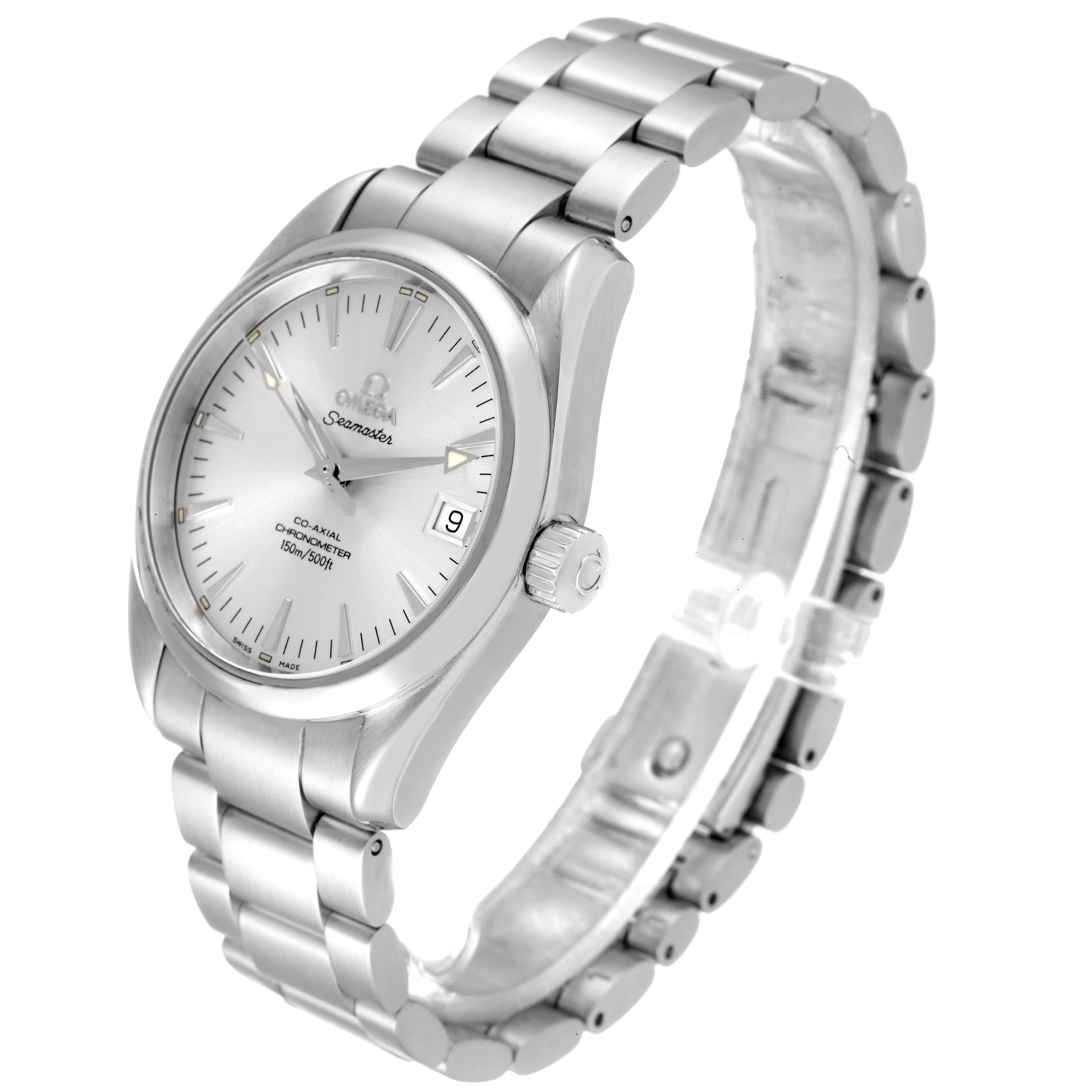 The Omega Aqua Terra 2504.30.00 Men
s Stainless Steel Silver Dial 2504.30.00 Men
s Stainless Steel Silver Dial watch is shown from a three-quarter angle, displaying the face, bezel, and bracelet.