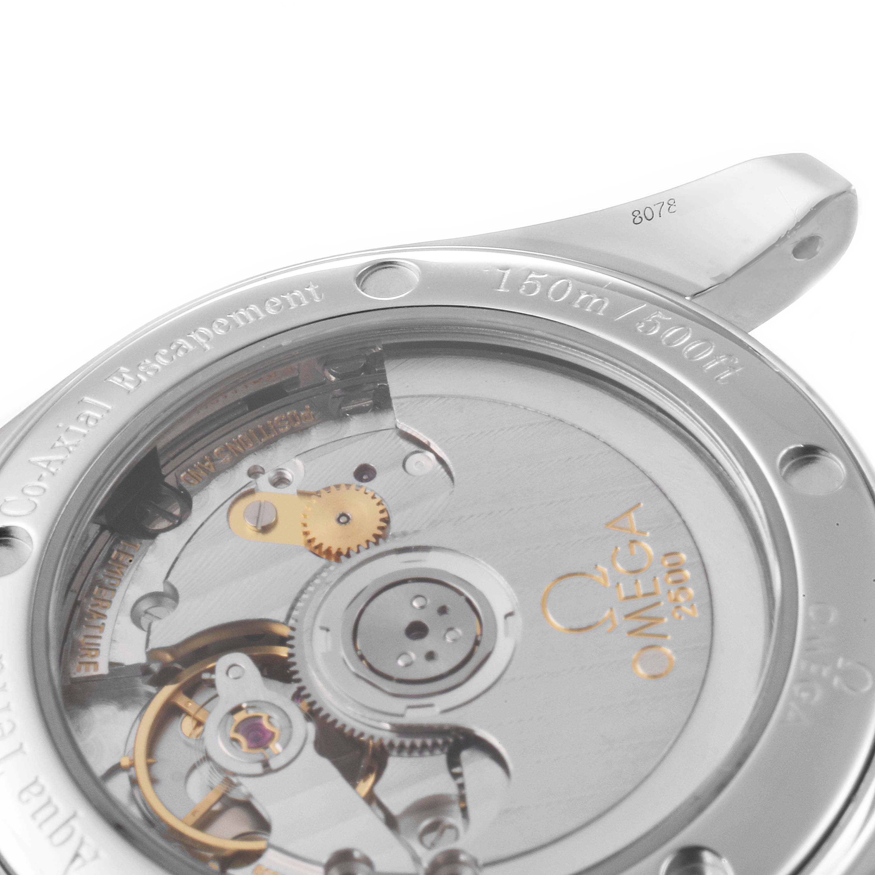 This image shows the back of the Omega Aqua Terra 2504.30.00 Men
s Stainless Steel Silver Dial 2504.30.00 Men
s Stainless Steel Silver Dial watch, highlighting its mechanical movement and Co-Axial escapement.