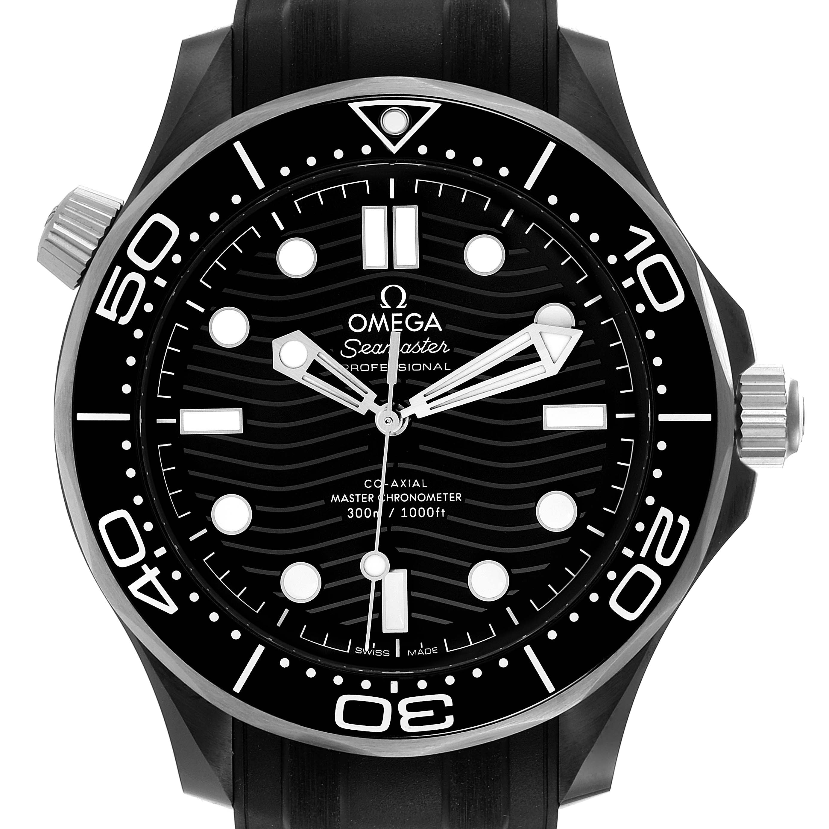 This Omega Seamaster 210.92.44.20.01.001 Men's Ceramic Black Dial 210.92.44.20.01.001 Men's Ceramic Black Dial model is shown from a front angle, highlighting the dial, bezel, hands, and crown.