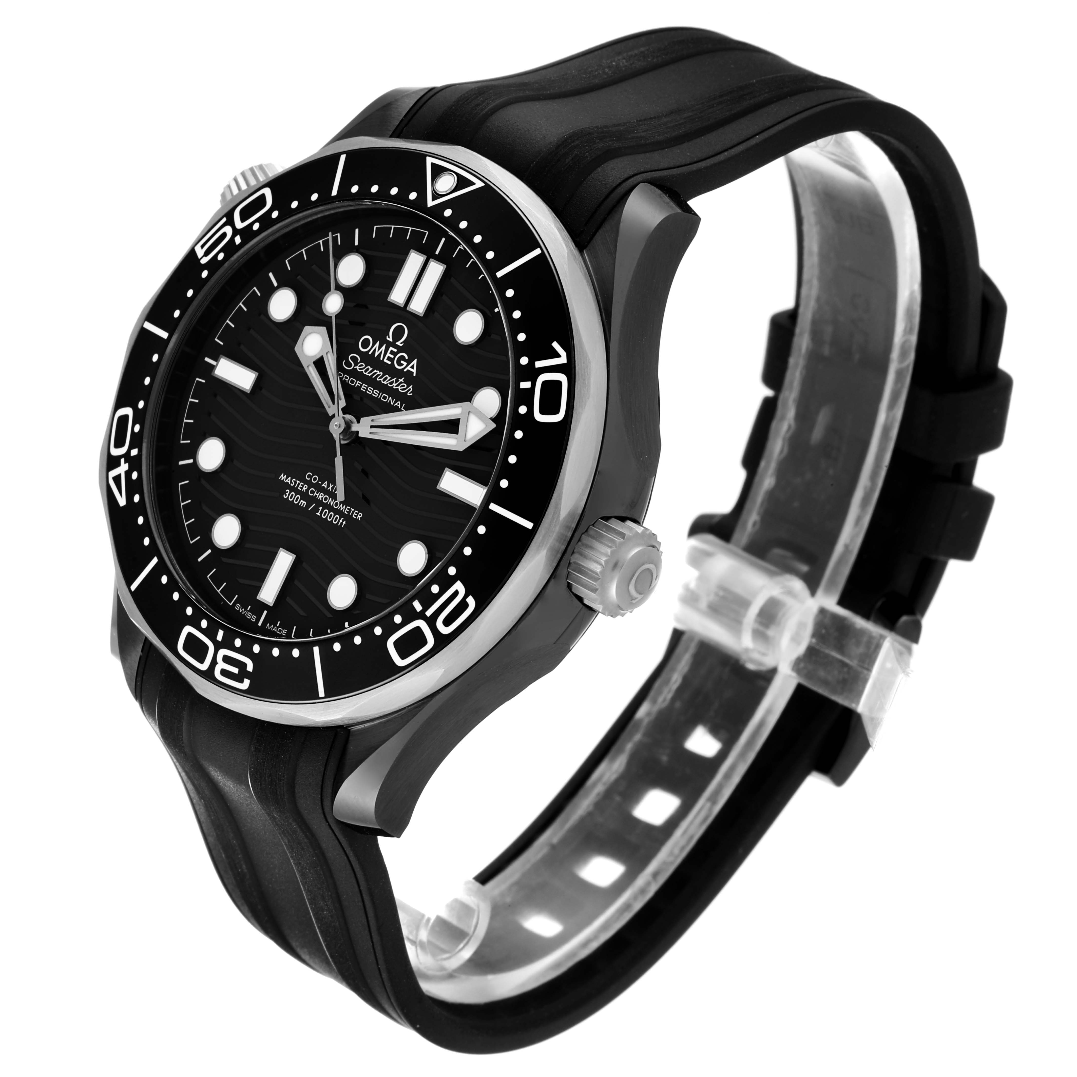This image shows a side angle of the Omega Seamaster 210.92.44.20.01.001 Men's Ceramic Black Dial 210.92.44.20.01.001 Men's Ceramic Black Dial watch, highlighting its black dial, bezel, and black rubber strap.