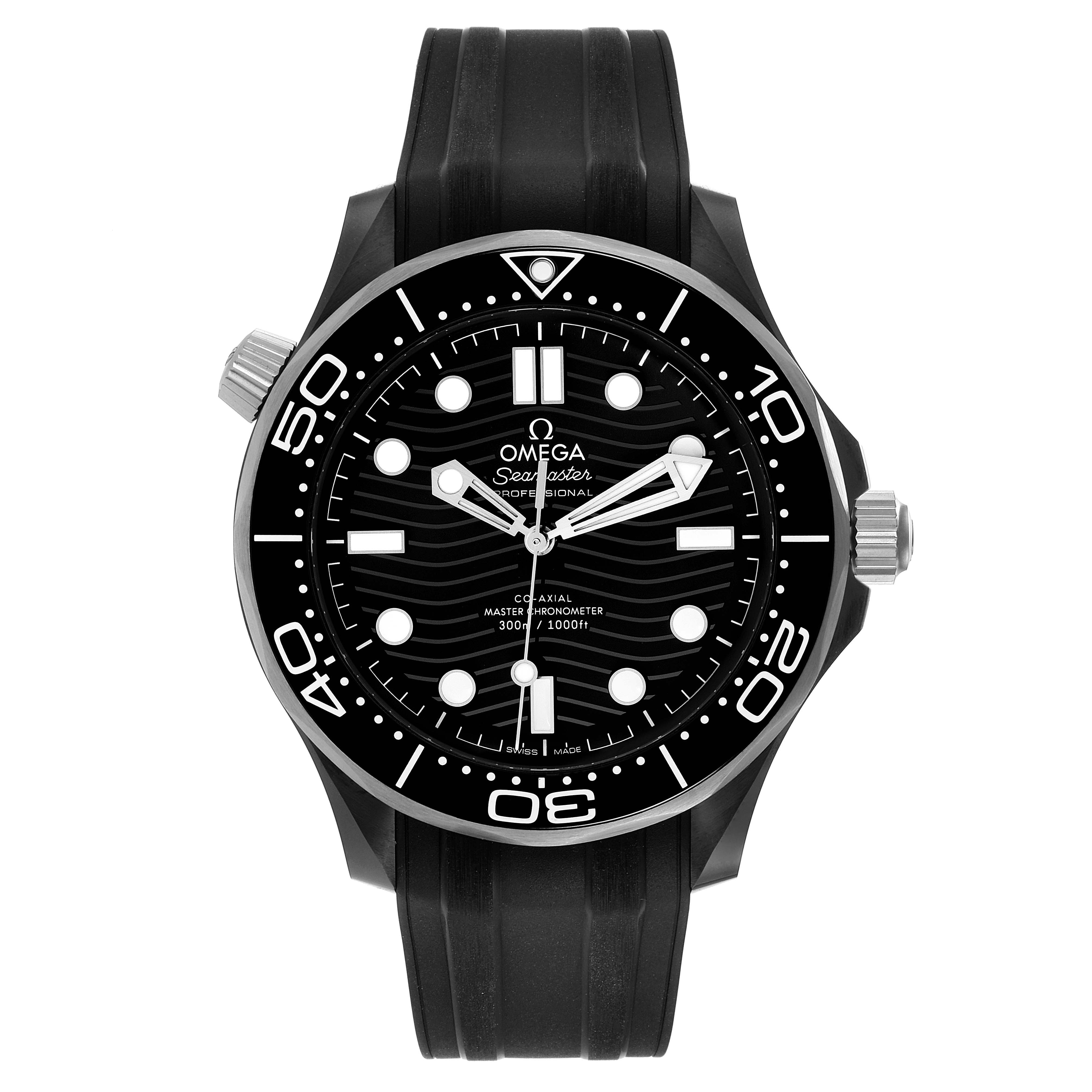 This image shows the front view of an Omega Seamaster 210.92.44.20.01.001 Men's Ceramic Black Dial 210.92.44.20.01.001 Men's Ceramic Black Dial watch featuring a black dial and rubber strap.