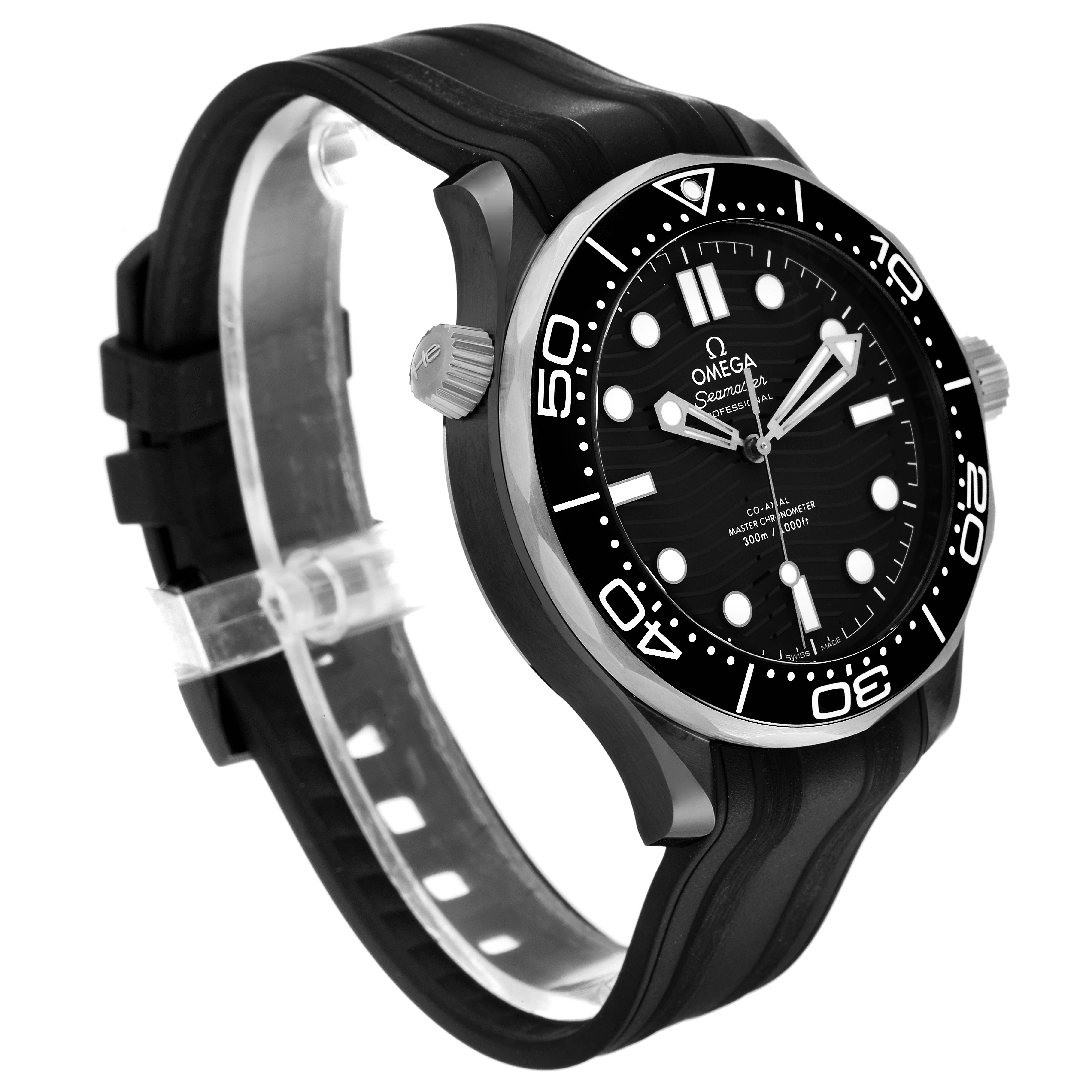 The image shows a side view of an Omega Seamaster 210.92.44.20.01.001 Men's Ceramic Black Dial 210.92.44.20.01.001 Men's Ceramic Black Dial watch, highlighting its black rubber strap, bezel, and face.