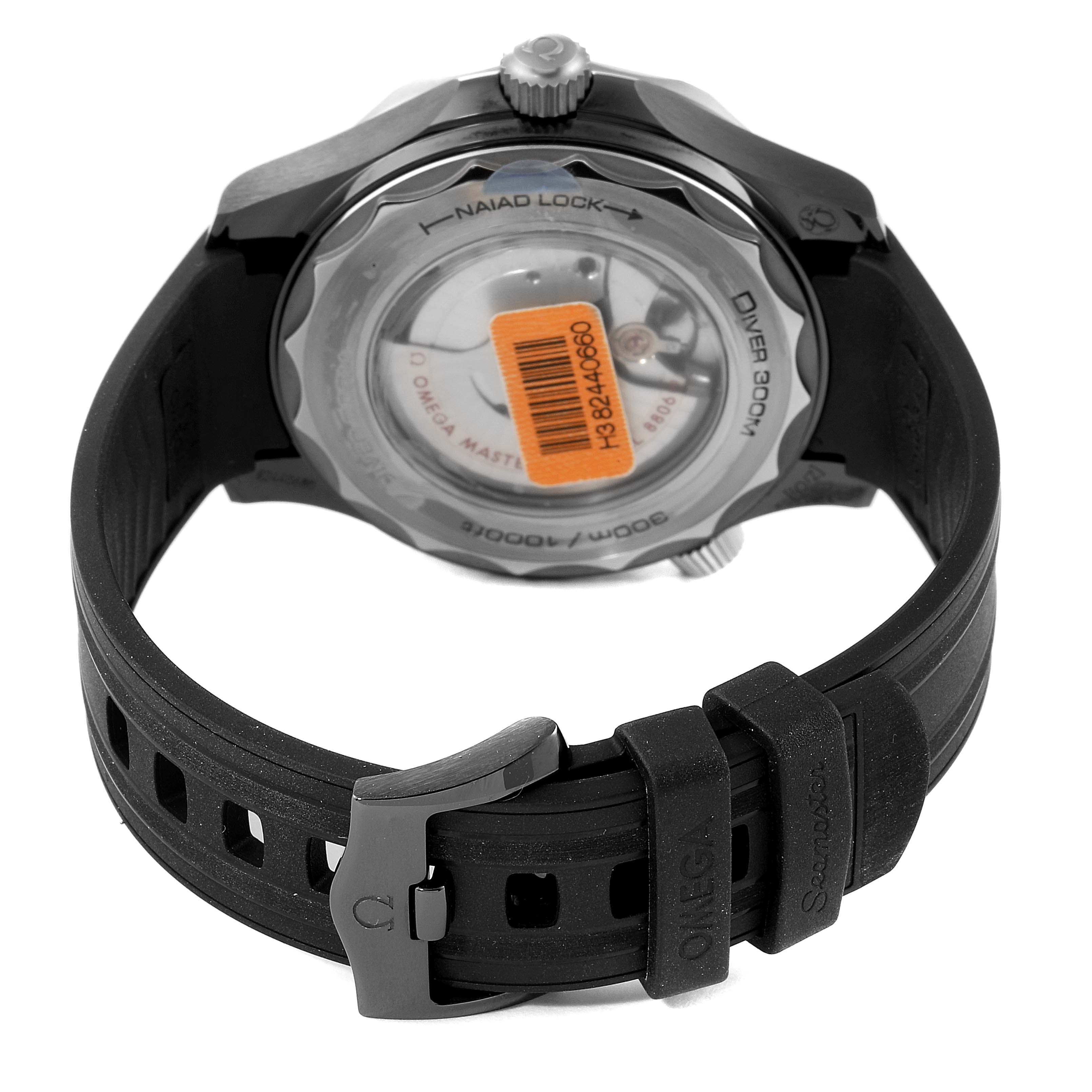 This image shows the back case and strap of an Omega Seamaster 210.92.44.20.01.001 Men's Ceramic Black Dial 210.92.44.20.01.001 Men's Ceramic Black Dial watch.