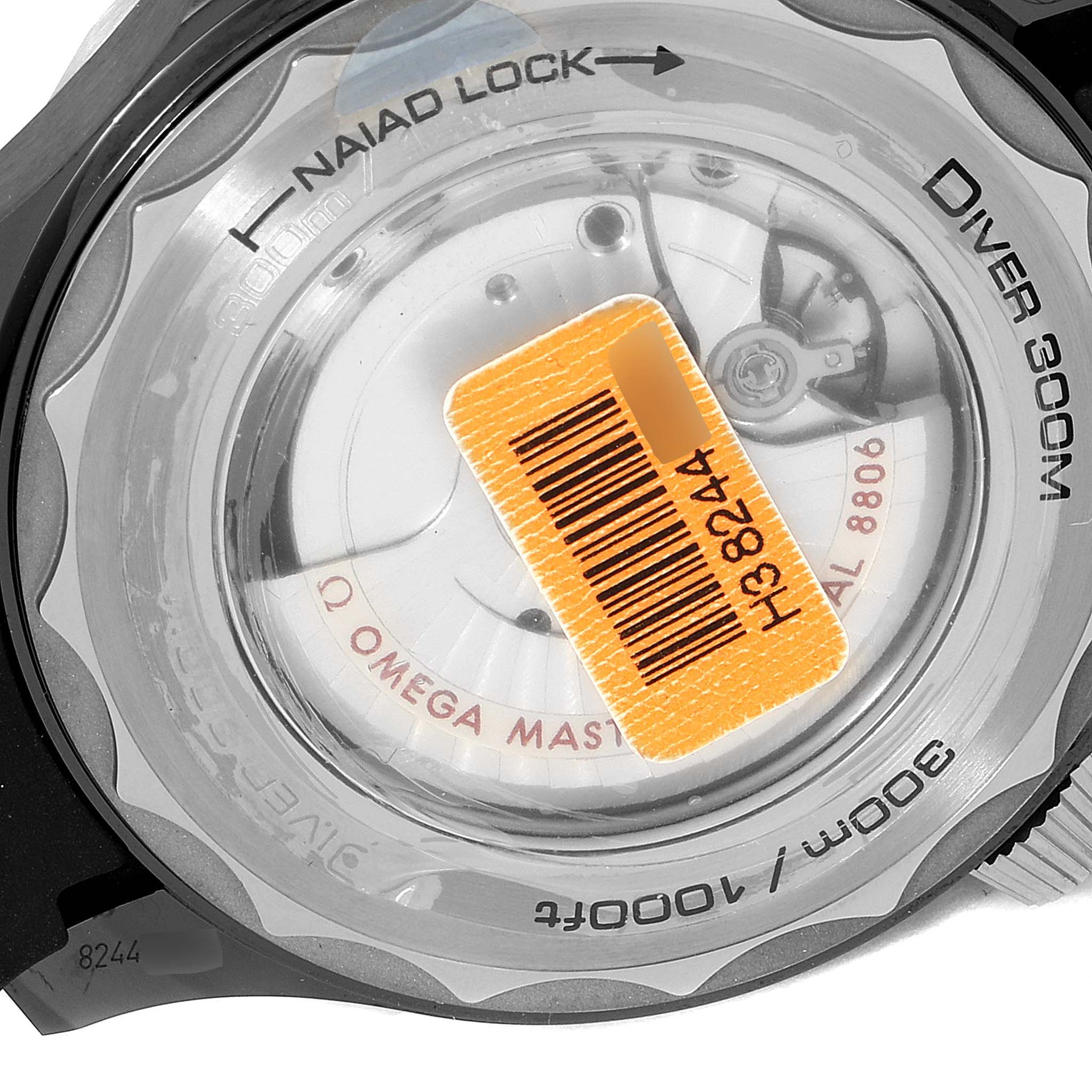 This image shows the back side of an Omega Seamaster 210.92.44.20.01.001 Men's Ceramic Black Dial 210.92.44.20.01.001 Men's Ceramic Black Dial Diver 300M watch, including the transparent case back and barcode.