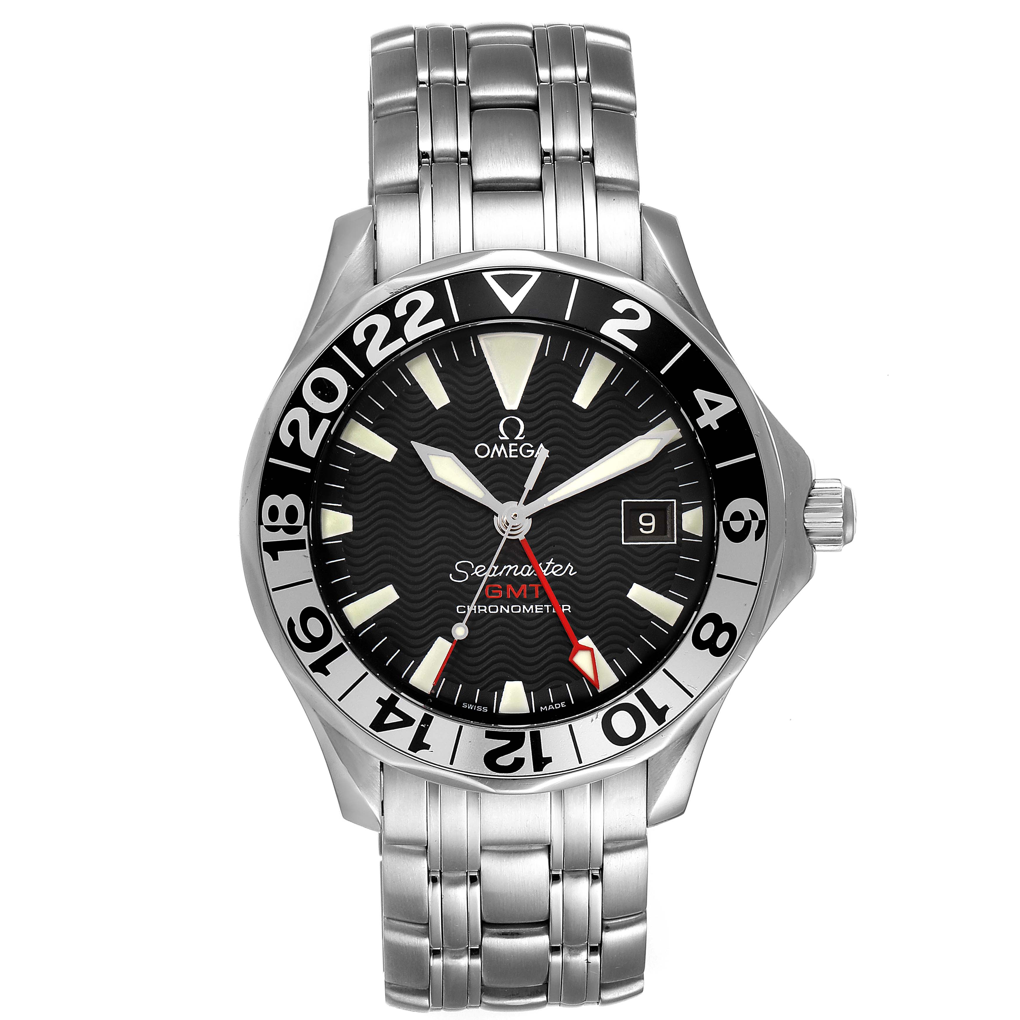 The image shows a front view of the Omega Seamaster 2534.50.00 Men's Stainless Steel Black Dial 2534.50.00 Men's Stainless Steel Black Dial GMT Chronometer watch, highlighting its dial, hands, bezel, and bracelet.