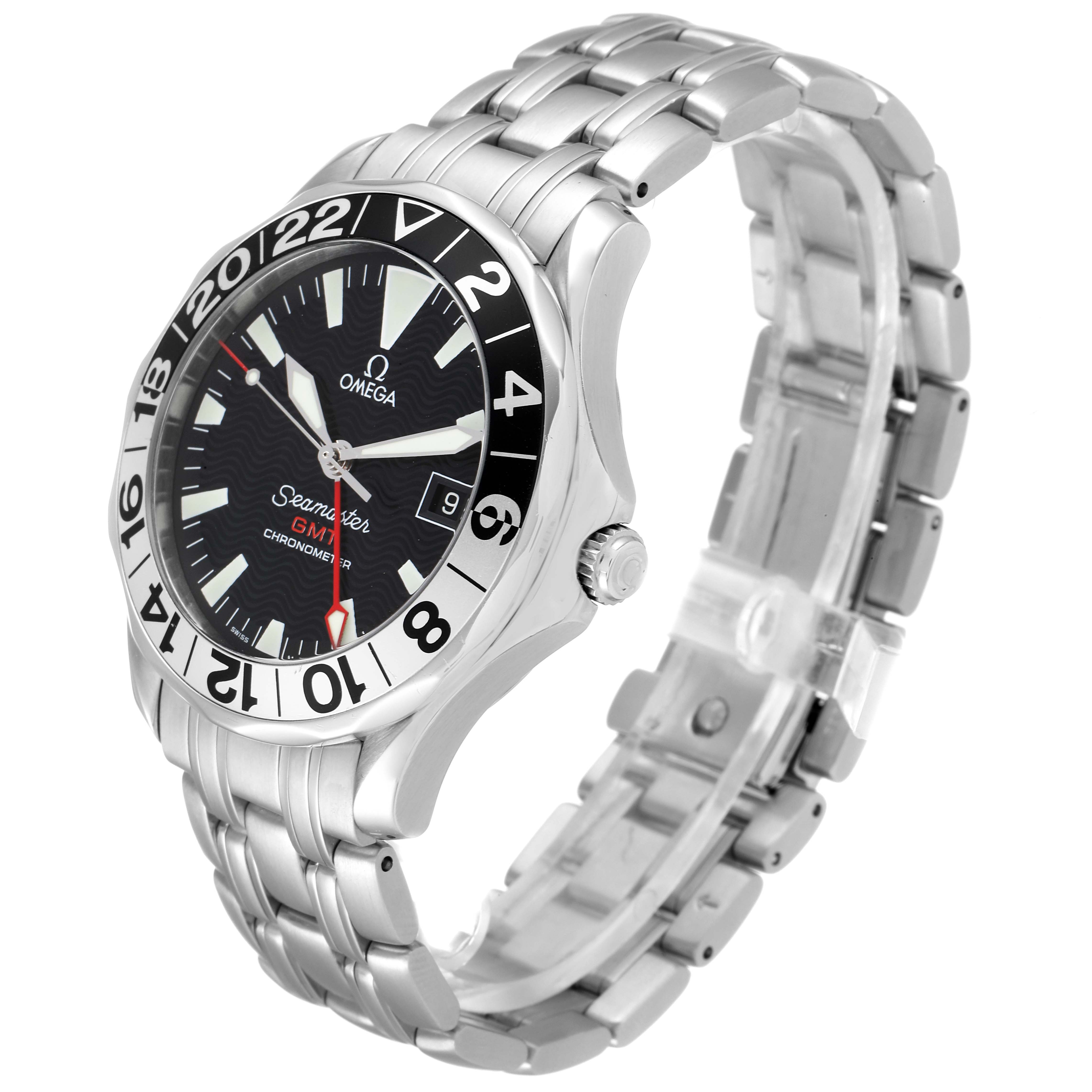 The image shows the Omega Seamaster 2534.50.00 Men's Stainless Steel Black Dial 2534.50.00 Men's Stainless Steel Black Dial watch from an angled side view, highlighting the face, bezel, crown, and metal bracelet.