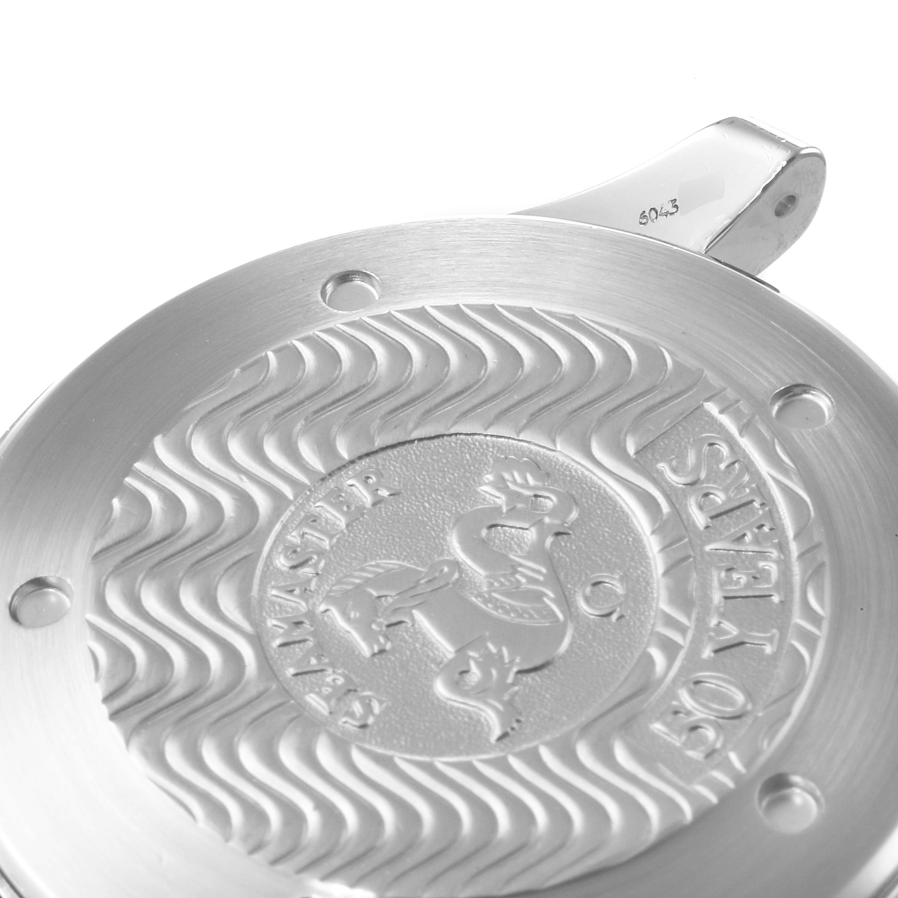 This image shows a close-up of the Omega Seamaster 2534.50.00 Men's Stainless Steel Black Dial 2534.50.00 Men's Stainless Steel Black Dial case back with its engraved design.