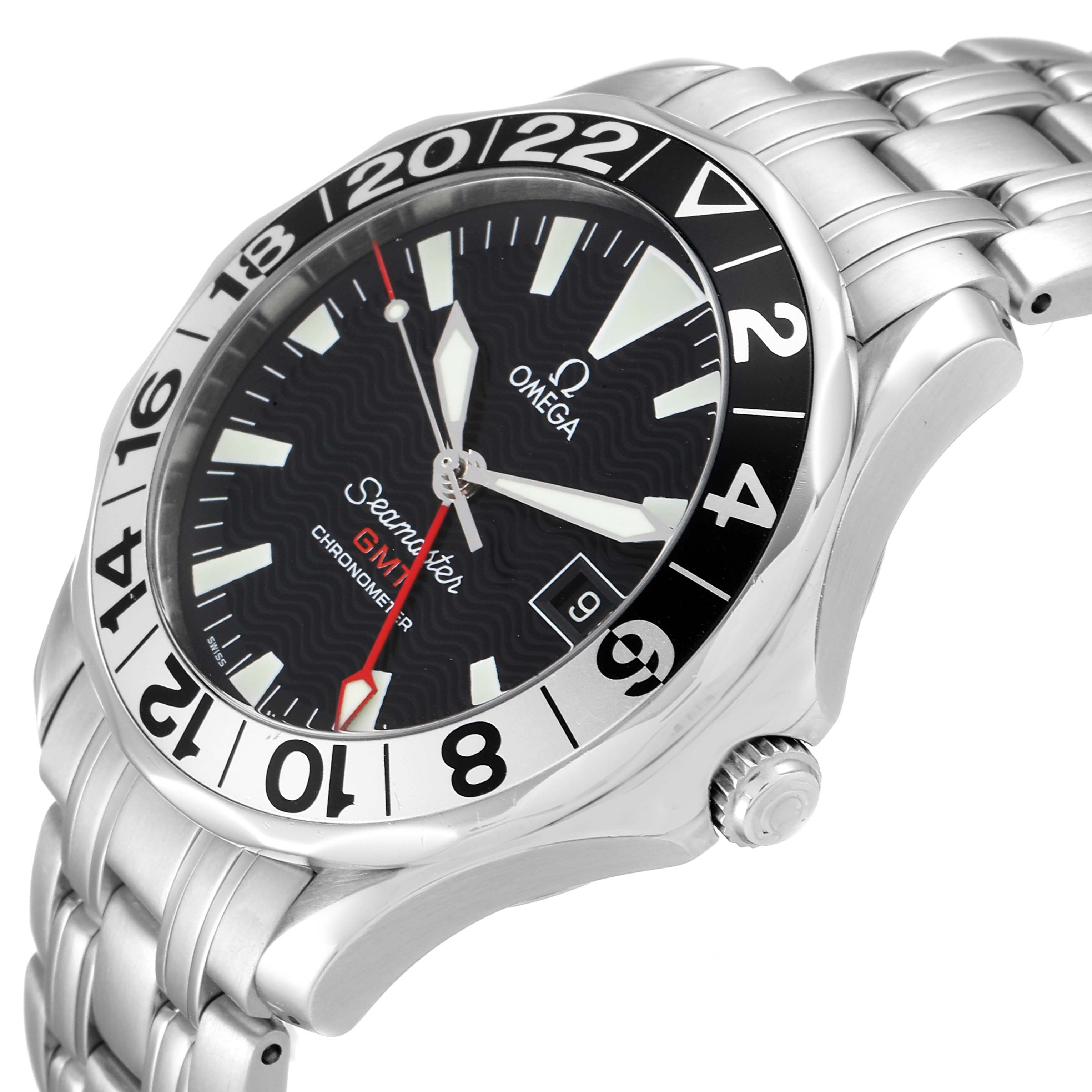 The image shows an angled view of an Omega Seamaster 2534.50.00 Men's Stainless Steel Black Dial 2534.50.00 Men's Stainless Steel Black Dial watch, highlighting the face, bezel, and part of the bracelet.
