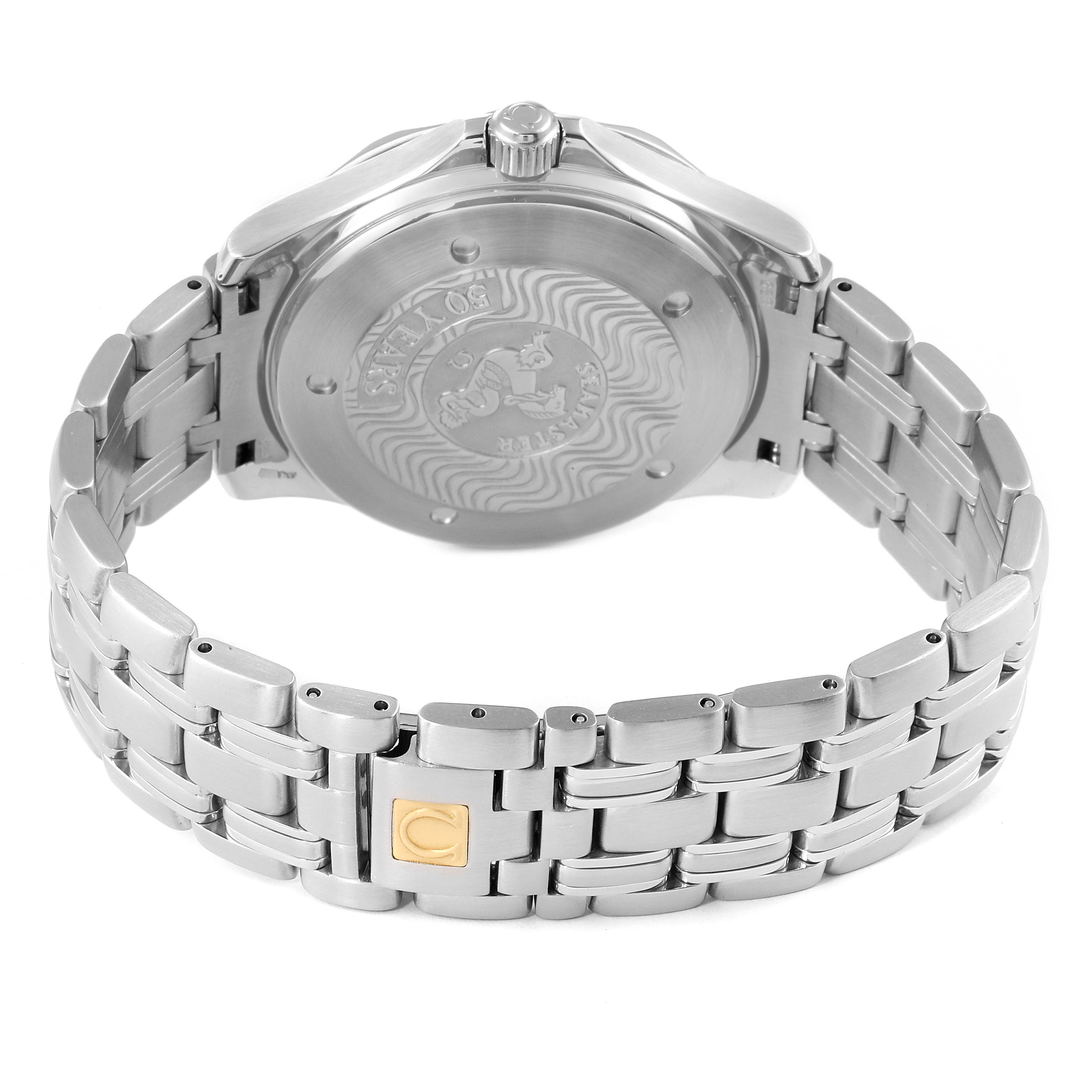 The image shows the back view of an Omega Seamaster 2534.50.00 Men's Stainless Steel Black Dial 2534.50.00 Men's Stainless Steel Black Dial watch, highlighting the case back and stainless steel bracelet.