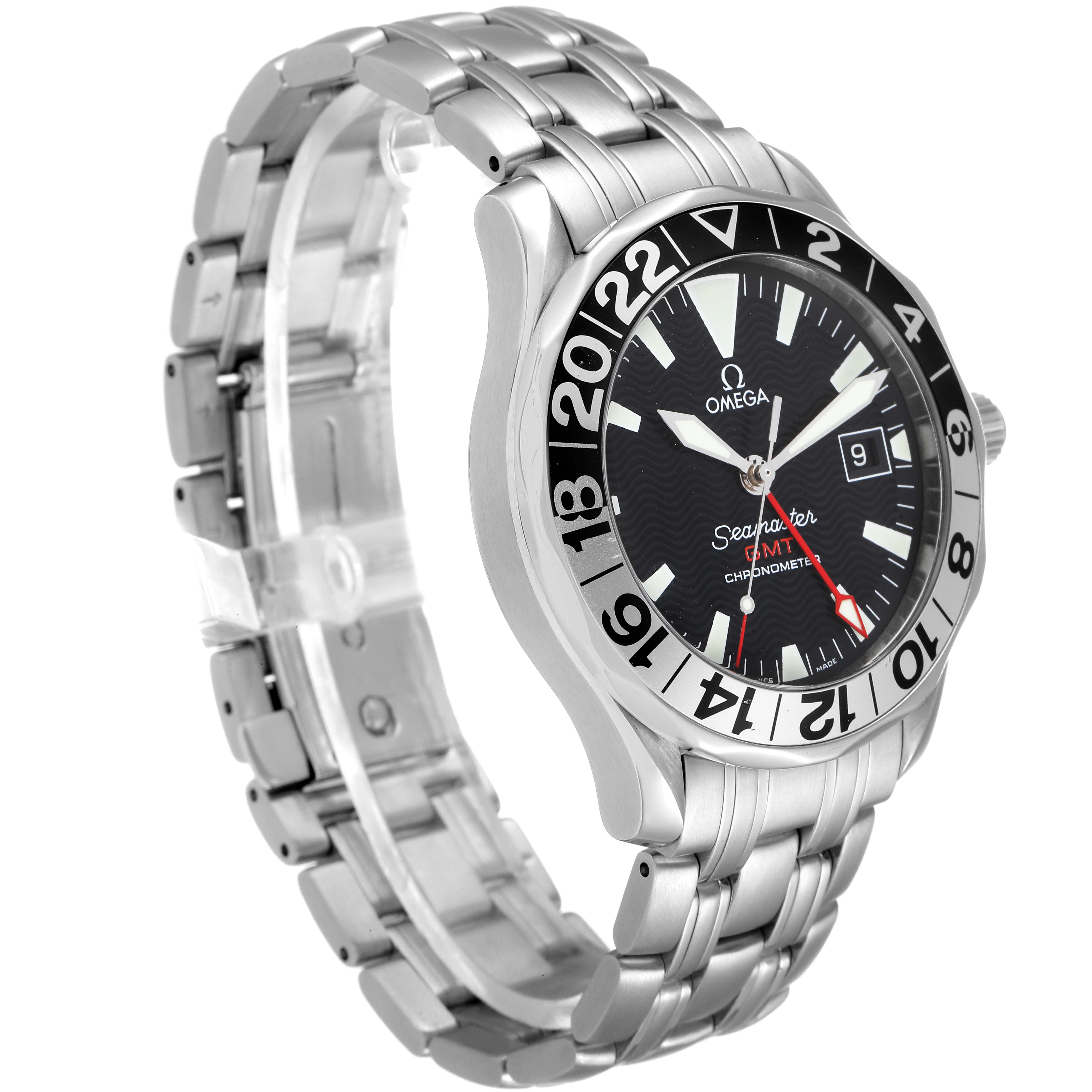 The image shows a side-angle view of an Omega Seamaster 2534.50.00 Men's Stainless Steel Black Dial 2534.50.00 Men's Stainless Steel Black Dial watch, displaying its face, bezel, and metal bracelet.