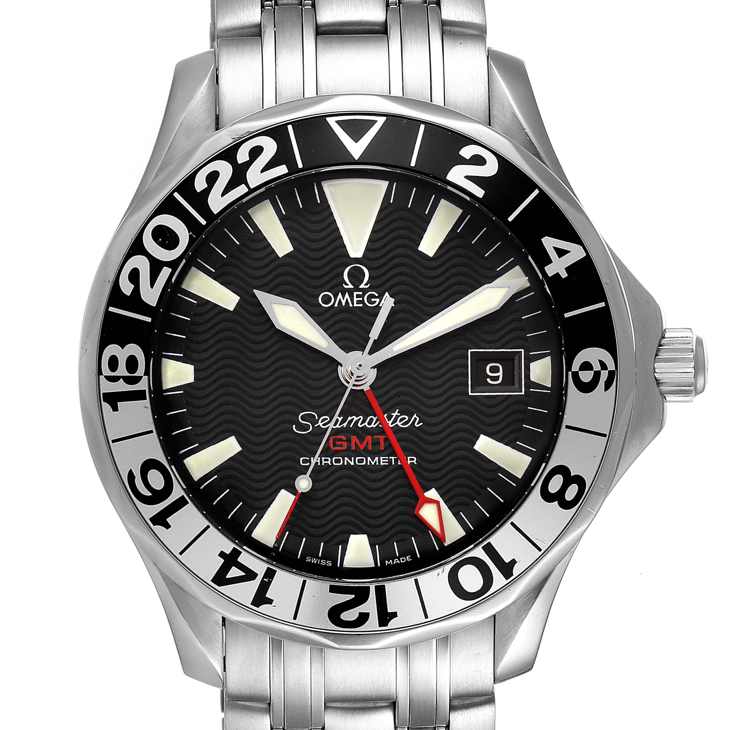 The image shows a front view of the Omega Seamaster 2534.50.00 Men's Stainless Steel Black Dial 2534.50.00 Men's Stainless Steel Black Dial GMT chronometer watch, highlighting the face, bezel, and bracelet.