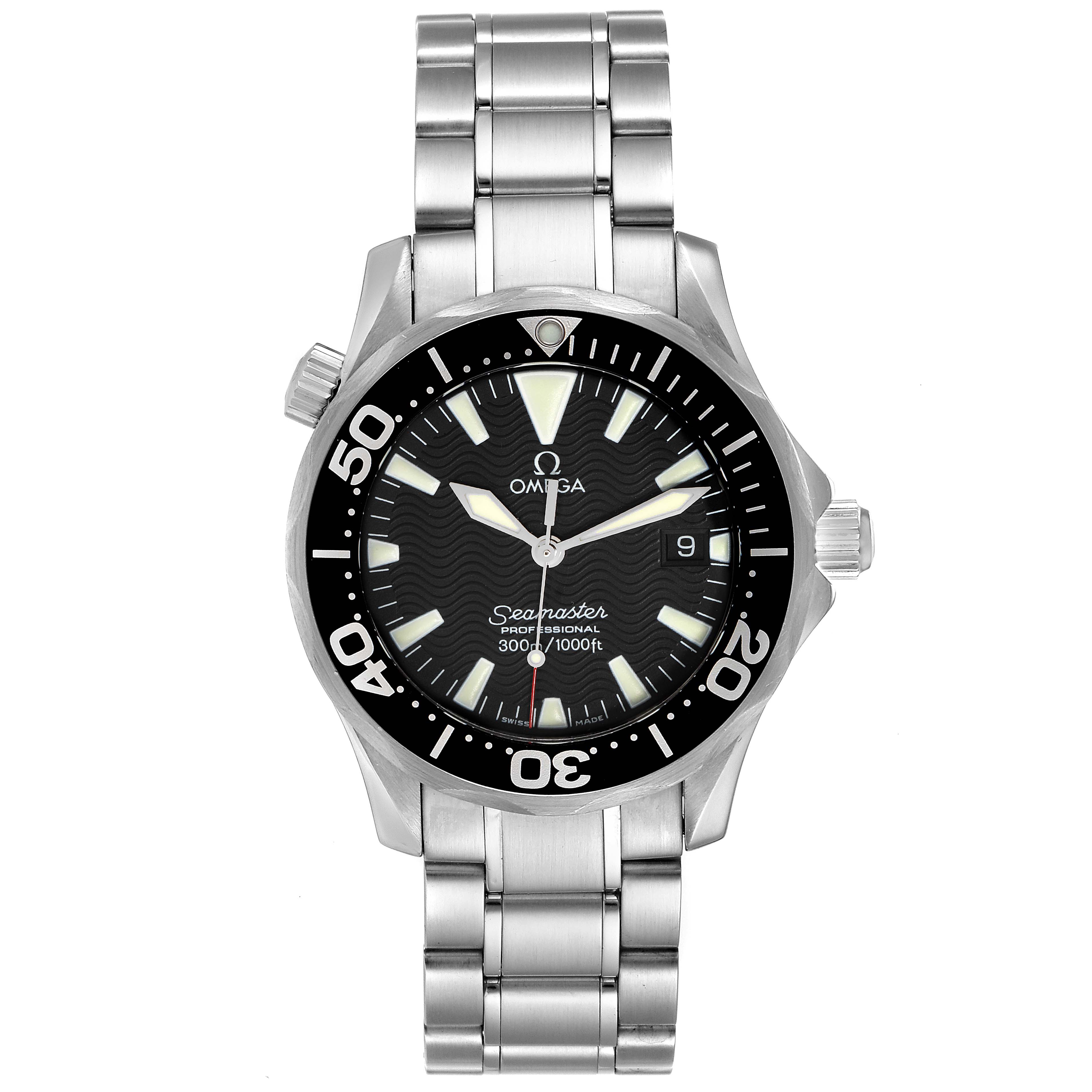 The image shows a front view of an Omega Seamaster 2262.50.00 Men
s Stainless Steel Black Dial 2262.50.00 Men
s Stainless Steel Black Dial watch, highlighting its face, bezel, crown, and bracelet.