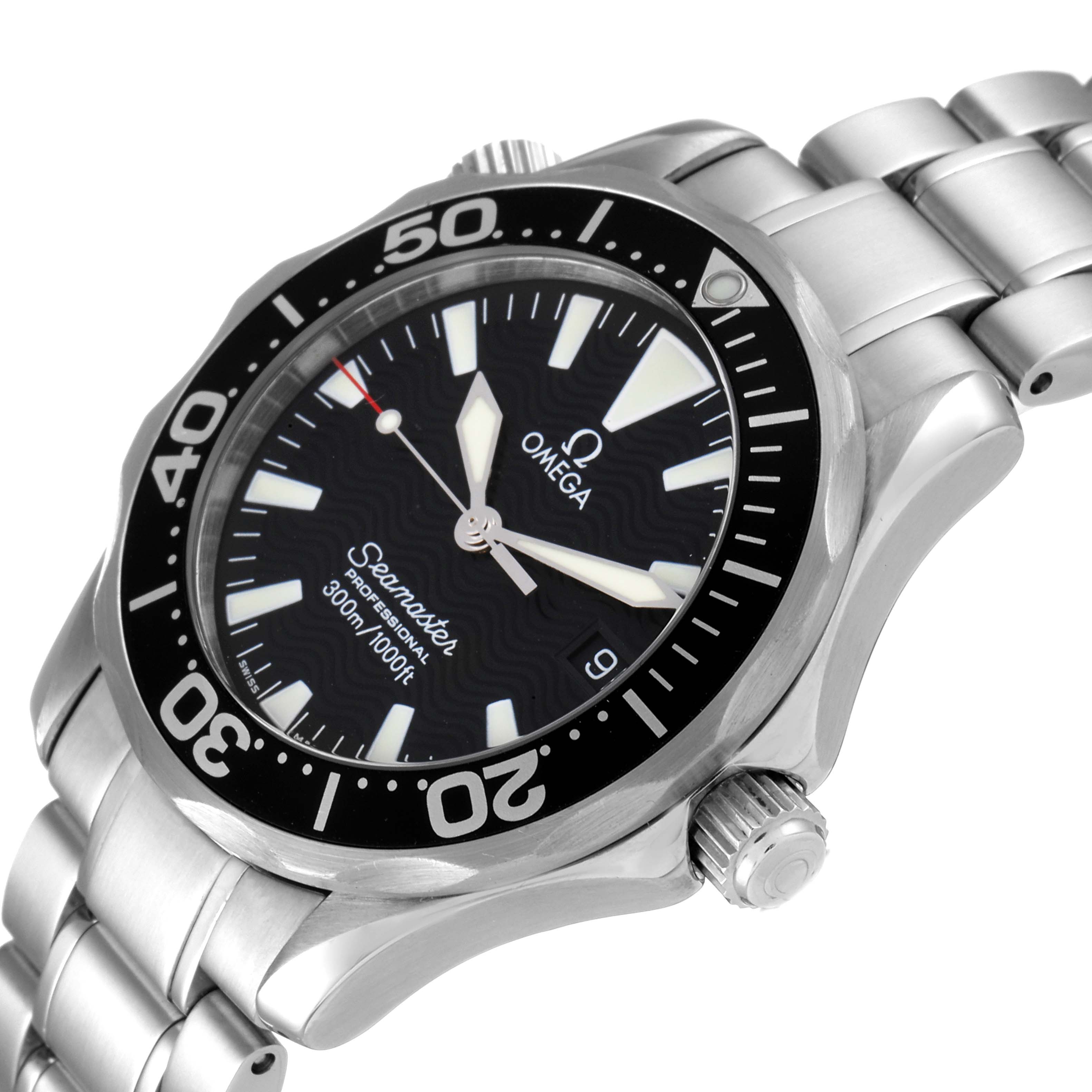 This image shows the Omega Seamaster 2262.50.00 Men
s Stainless Steel Black Dial 2262.50.00 Men
s Stainless Steel Black Dial watch at an angle, highlighting its dial, bezel, crown, and part of the metal bracelet.