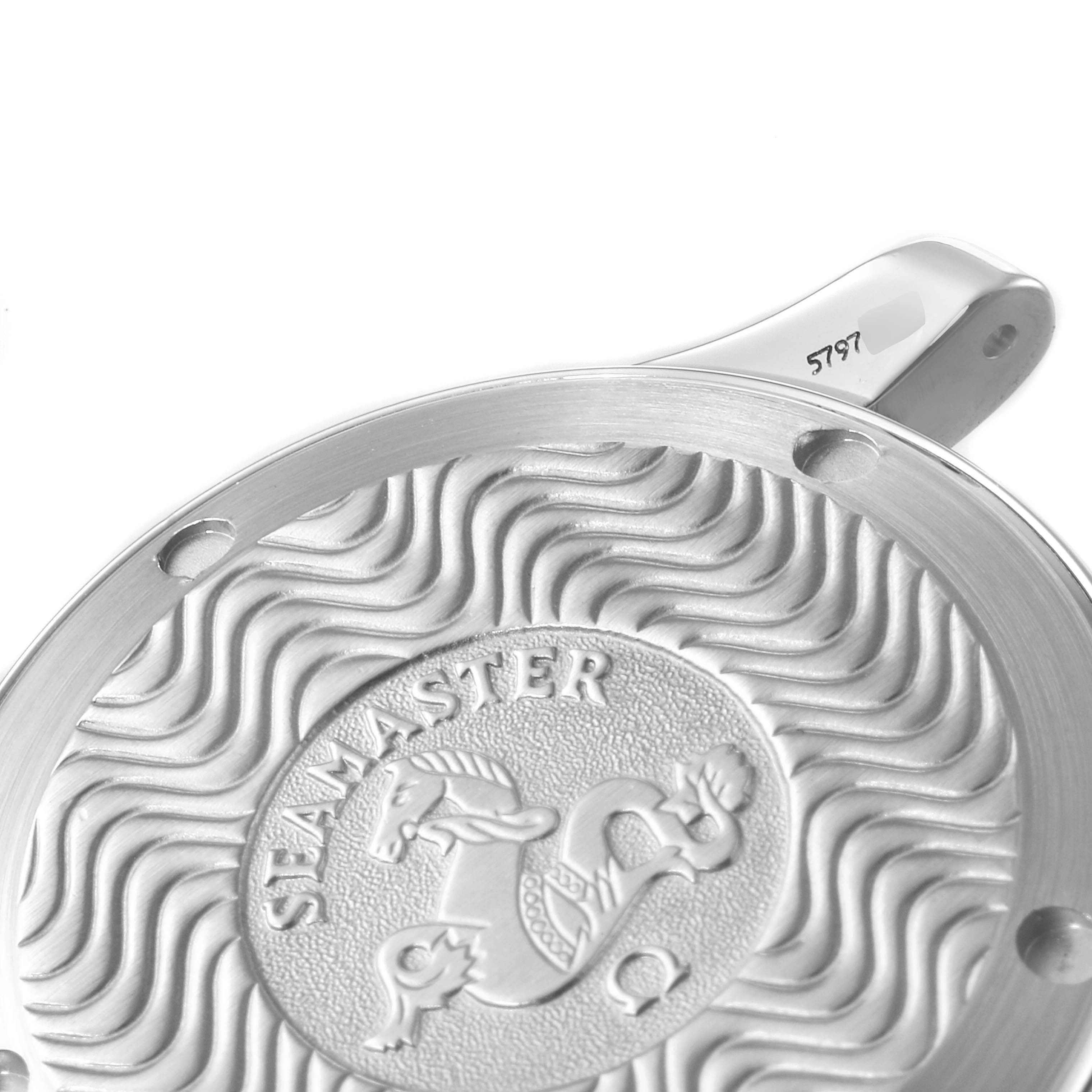 This image shows the engraved case back of an Omega Seamaster 2262.50.00 Men
s Stainless Steel Black Dial 2262.50.00 Men
s Stainless Steel Black Dial watch, displaying its wave pattern and emblem.