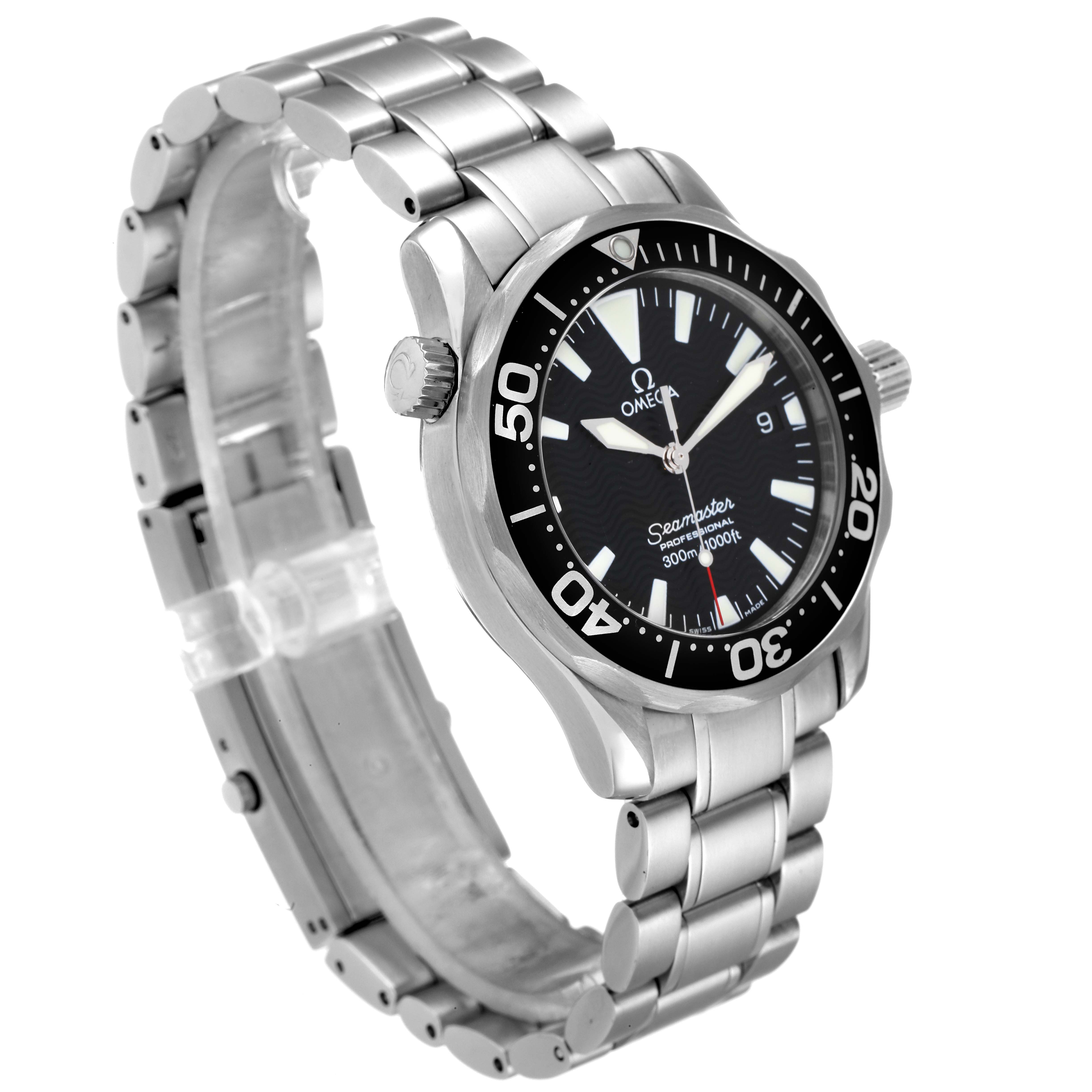 This image shows an Omega Seamaster 2262.50.00 Men
s Stainless Steel Black Dial 2262.50.00 Men
s Stainless Steel Black Dial watch angled slightly from the front, highlighting its dial, bezel, and metal bracelet.