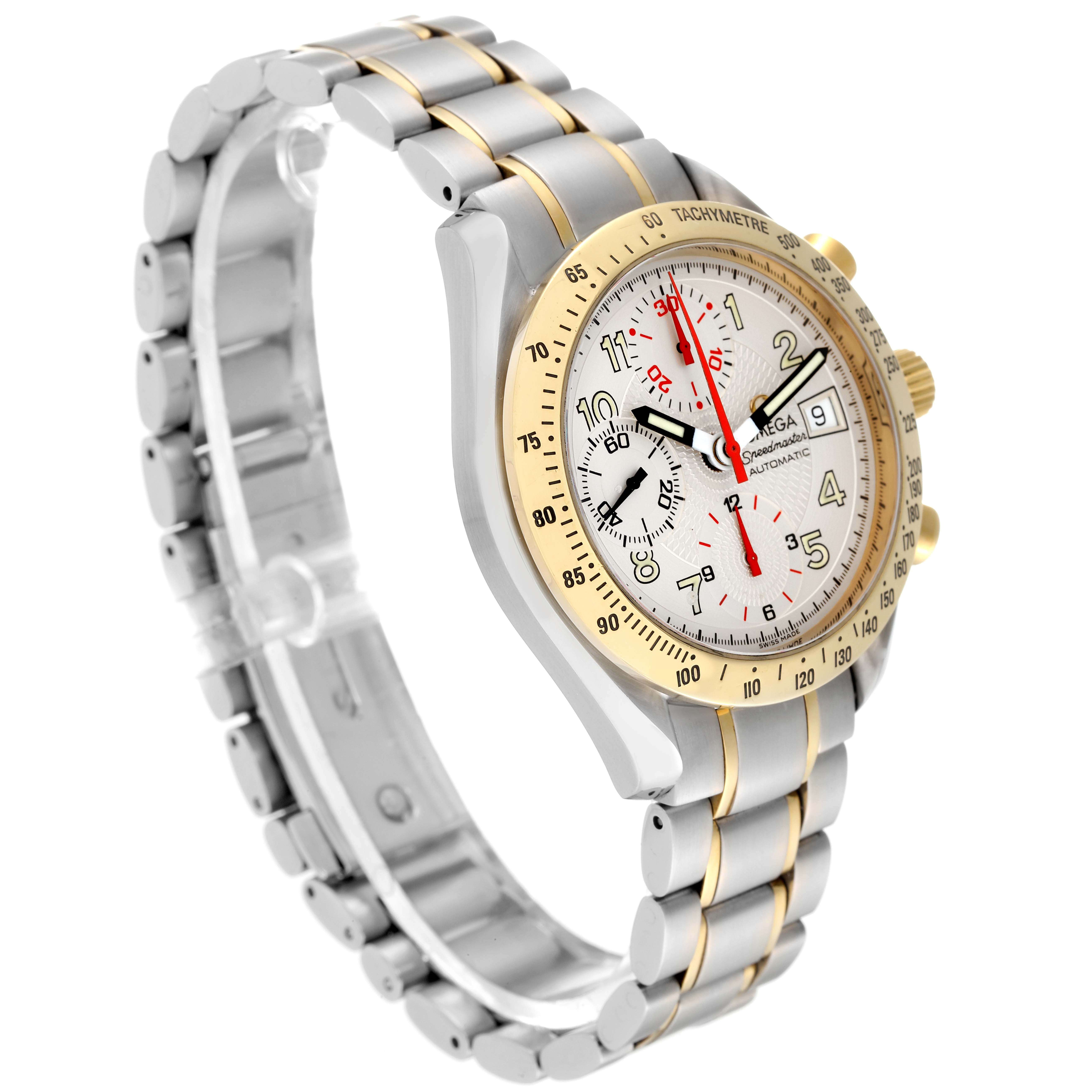 The Omega Speedmaster 3313.33.00 Men's Steel and Gold (two tone) White Dial 3313.33.00 Men's Steel and Gold (two tone) White Dial watch is shown from a 3/4 angle, highlighting its face, tachymeter bezel, and two-tone bracelet. 