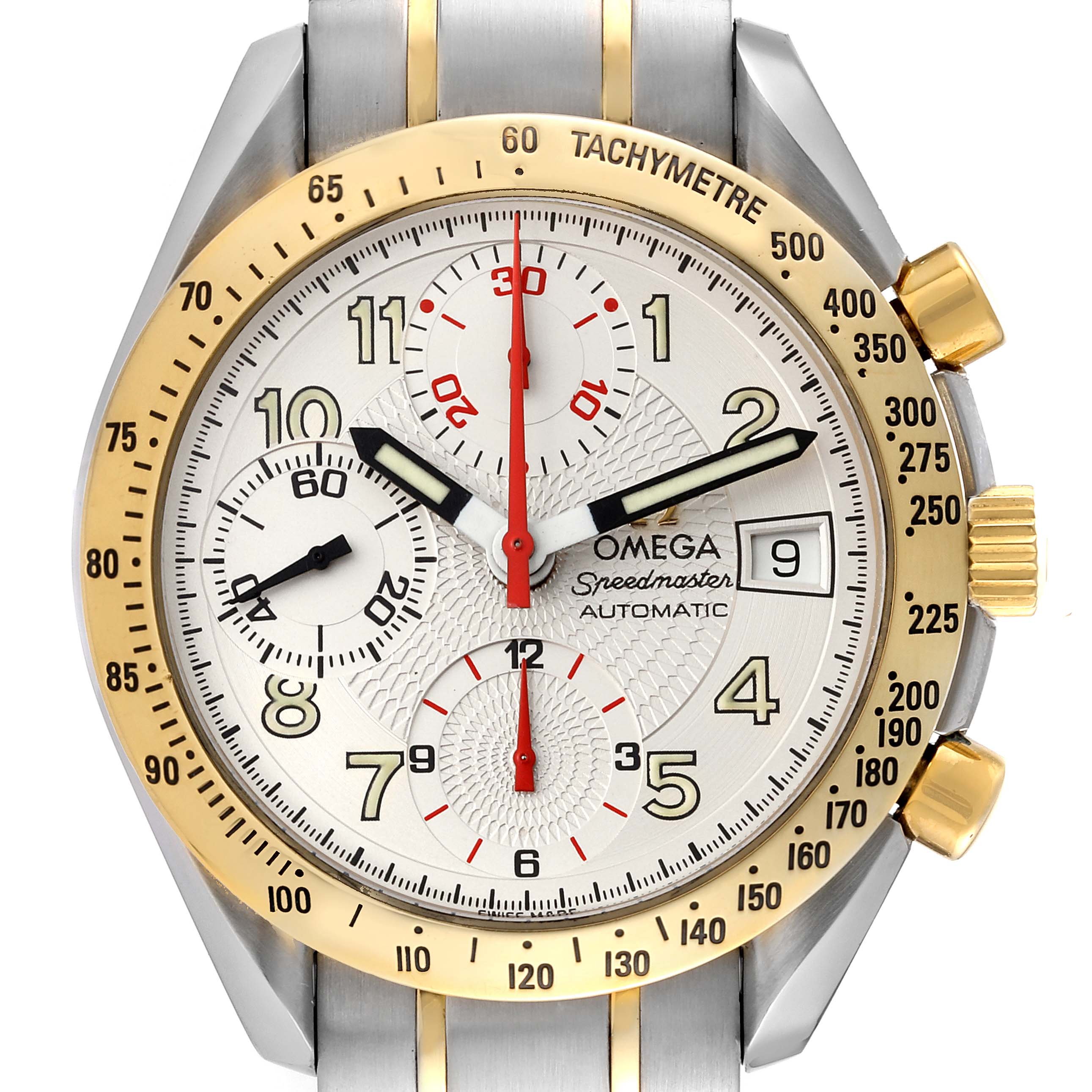 This image shows the face of an Omega Speedmaster 3313.33.00 Men's Steel and Gold (two tone) White Dial 3313.33.00 Men's Steel and Gold (two tone) White Dial watch, highlighting its dials, tachymeter, and date window.
