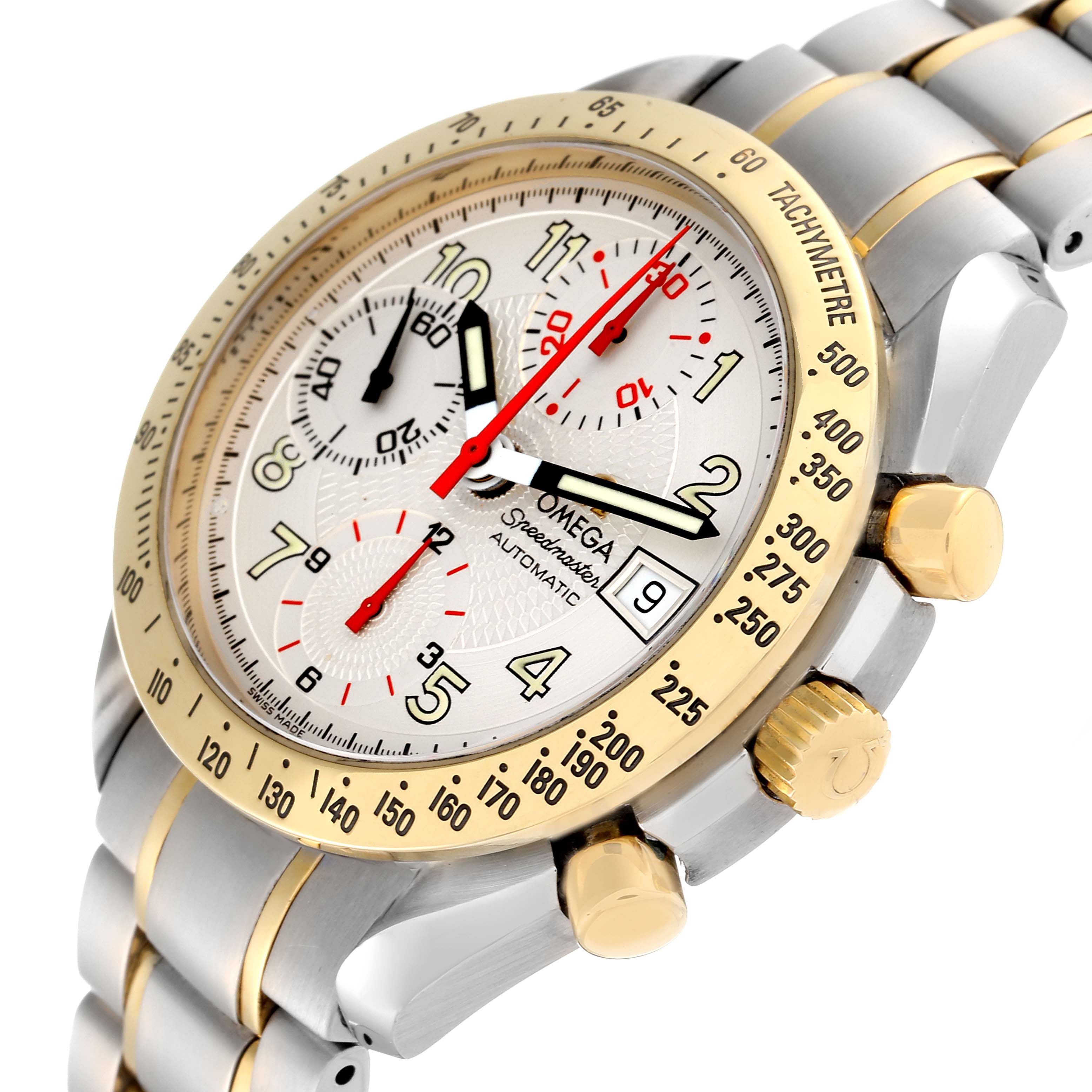 This image shows the Omega Speedmaster 3313.33.00 Men's Steel and Gold (two tone) White Dial 3313.33.00 Men's Steel and Gold (two tone) White Dial watch at an angled close-up, highlighting the dial, bezel, and crown.