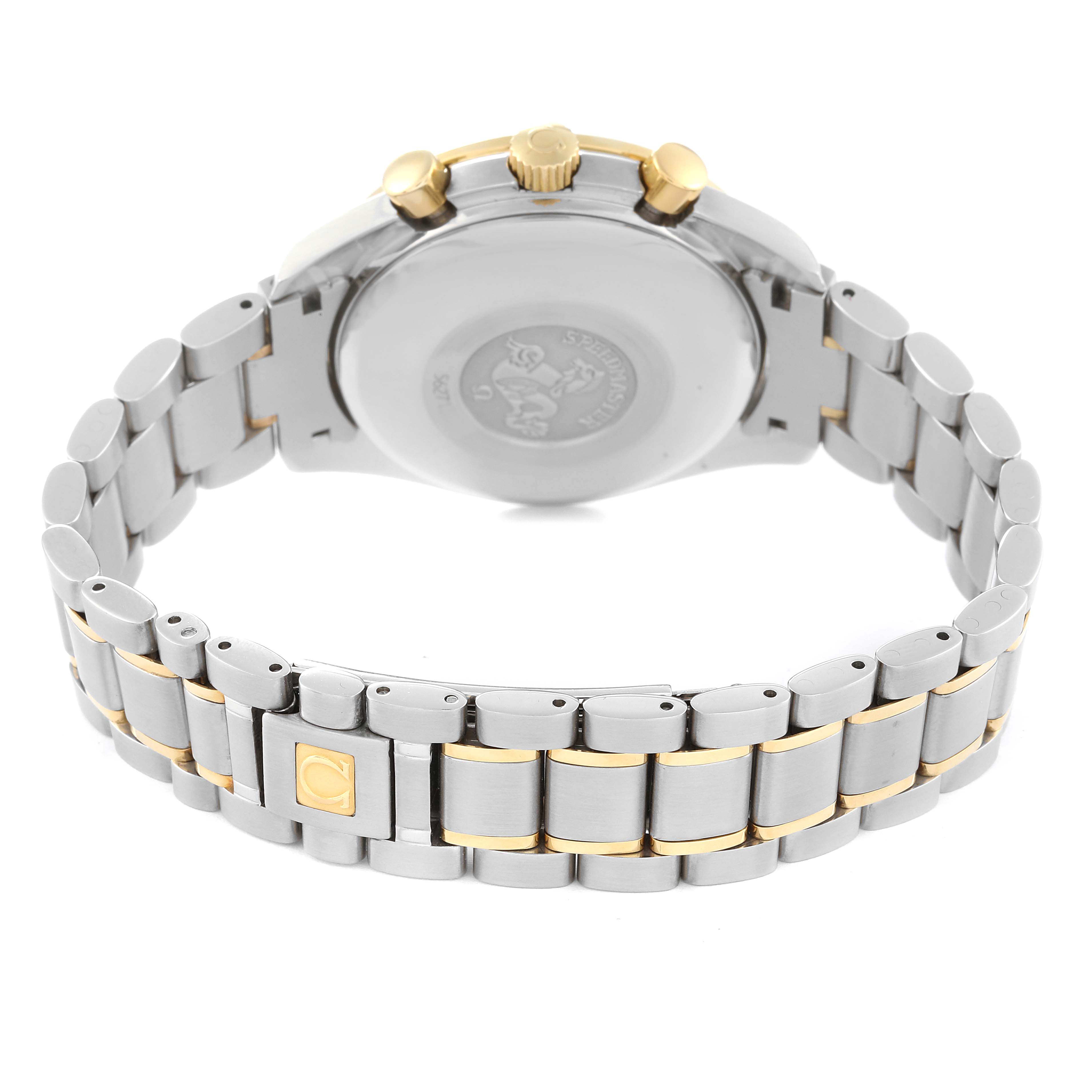 The image shows the back view of an Omega Speedmaster 3313.33.00 Men's Steel and Gold (two tone) White Dial 3313.33.00 Men's Steel and Gold (two tone) White Dial watch, highlighting its case back and two-tone metal bracelet.