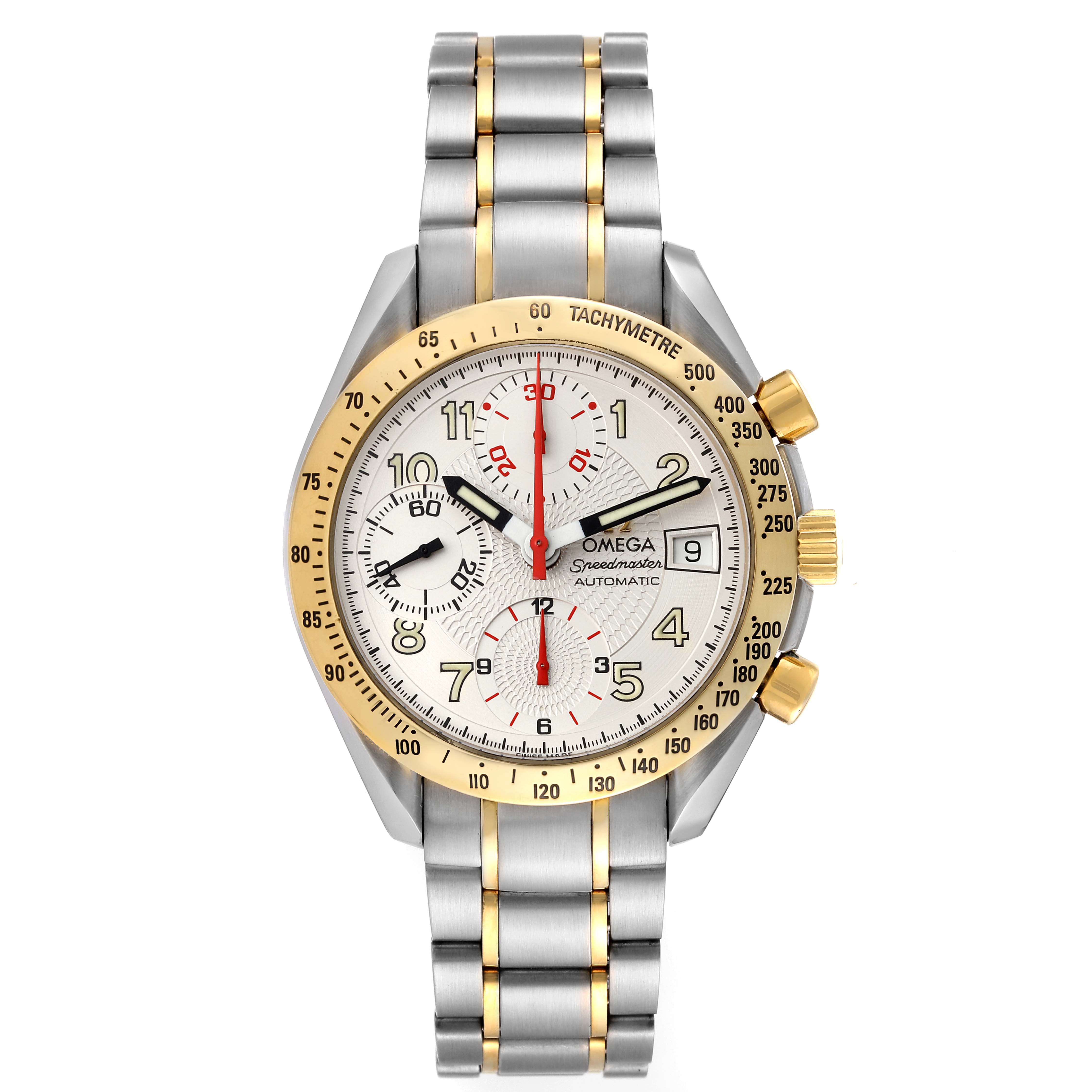 This image shows a front view of the Omega Speedmaster 3313.33.00 Men's Steel and Gold (two tone) White Dial 3313.33.00 Men's Steel and Gold (two tone) White Dial watch, highlighting its bezel, dial, and bracelet.
