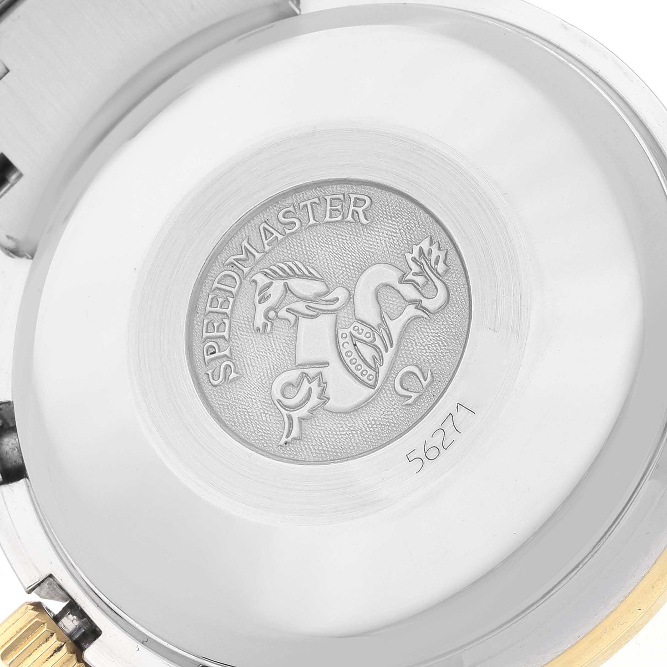 This image shows the case back of the Omega Speedmaster 3313.33.00 Men's Steel and Gold (two tone) White Dial 3313.33.00 Men's Steel and Gold (two tone) White Dial watch with its embossed logo and serial number 56271.