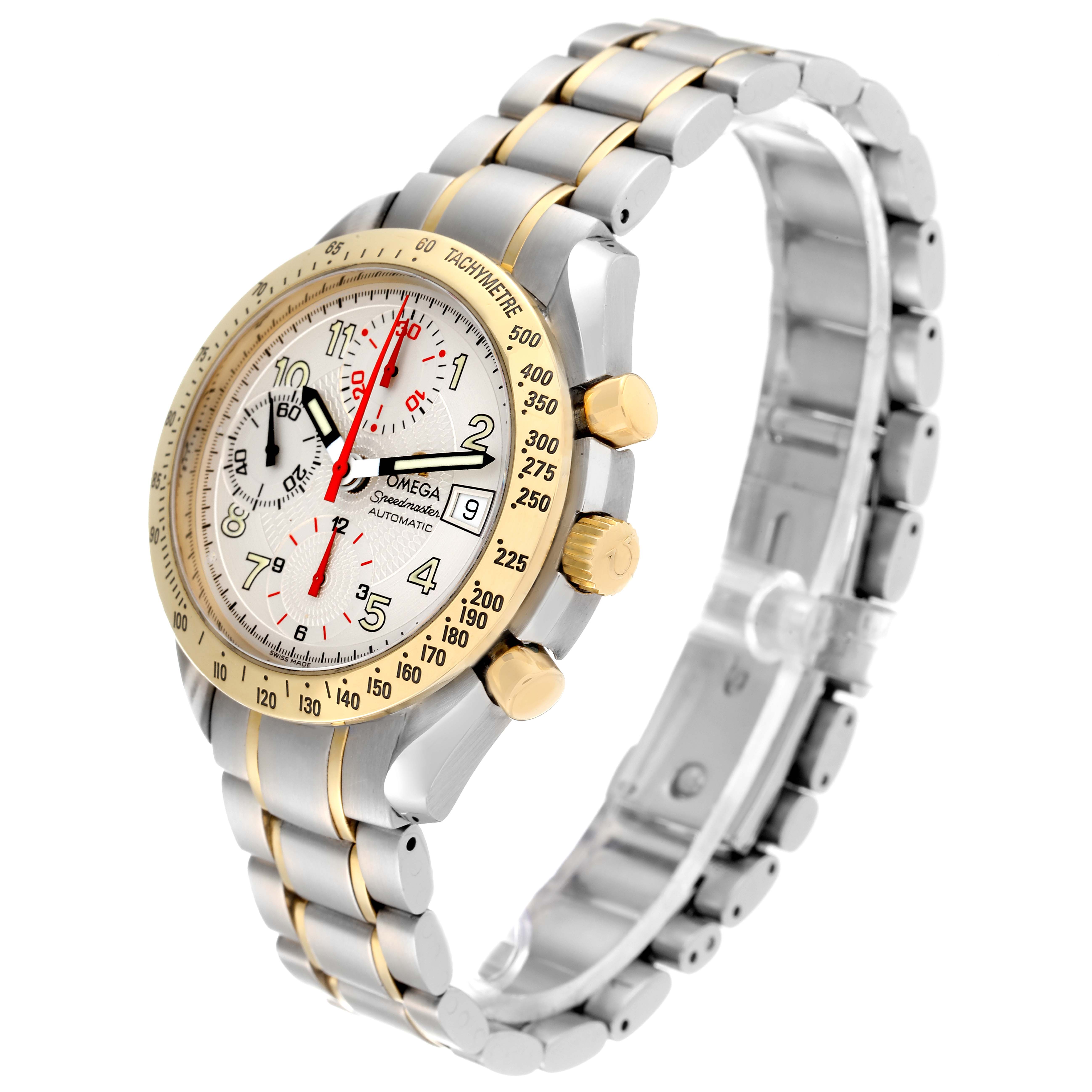 The Omega Speedmaster 3313.33.00 Men's Steel and Gold (two tone) White Dial 3313.33.00 Men's Steel and Gold (two tone) White Dial watch is shown at an angle displaying the face, bezel, crown, and bracelet.