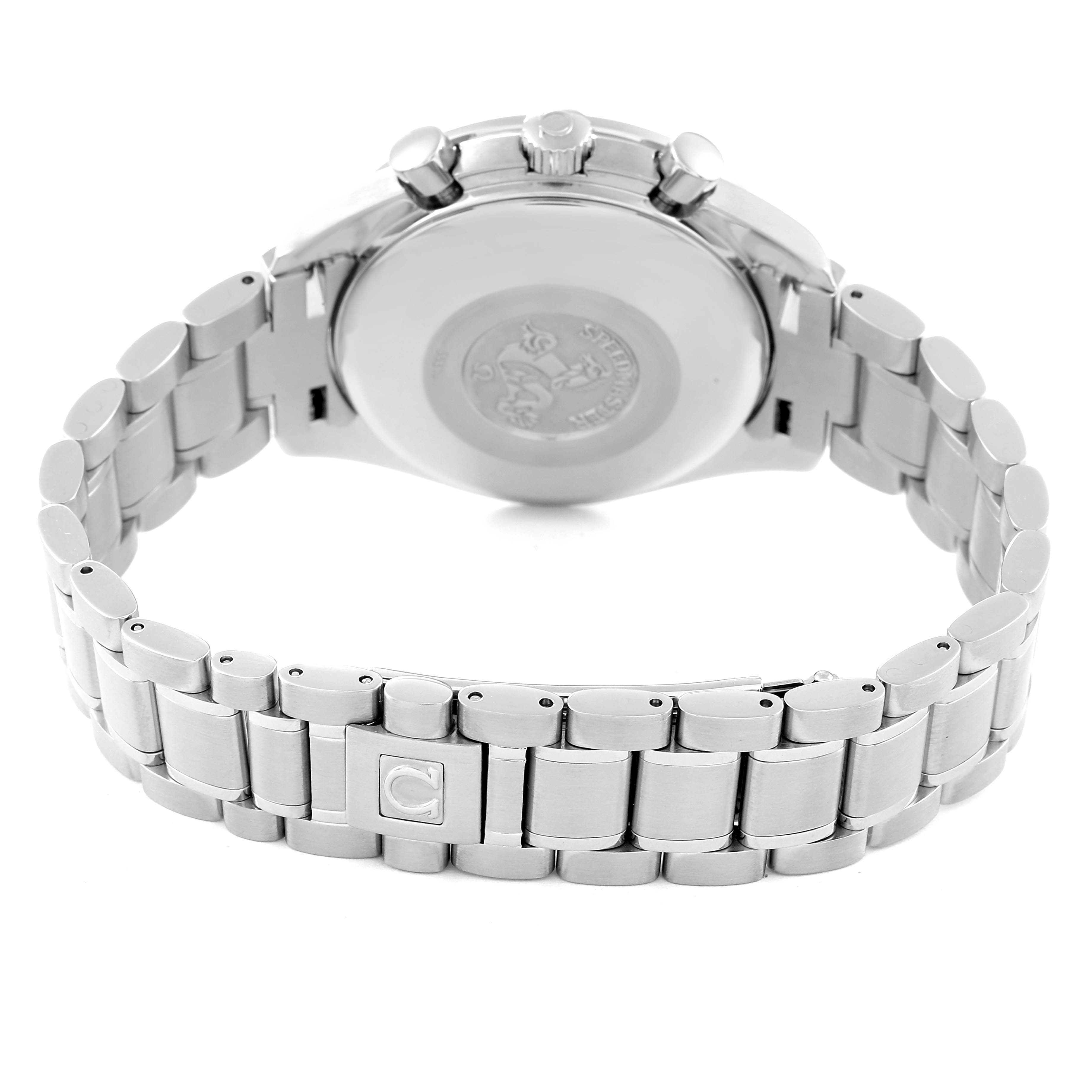 The image shows the back view of an Omega Speedmaster 3513.33.00 Men's Stainless Steel Silver Dial 3513.33.00 Men's Stainless Steel Silver Dial watch, highlighting the case back and part of the bracelet with the clasp.