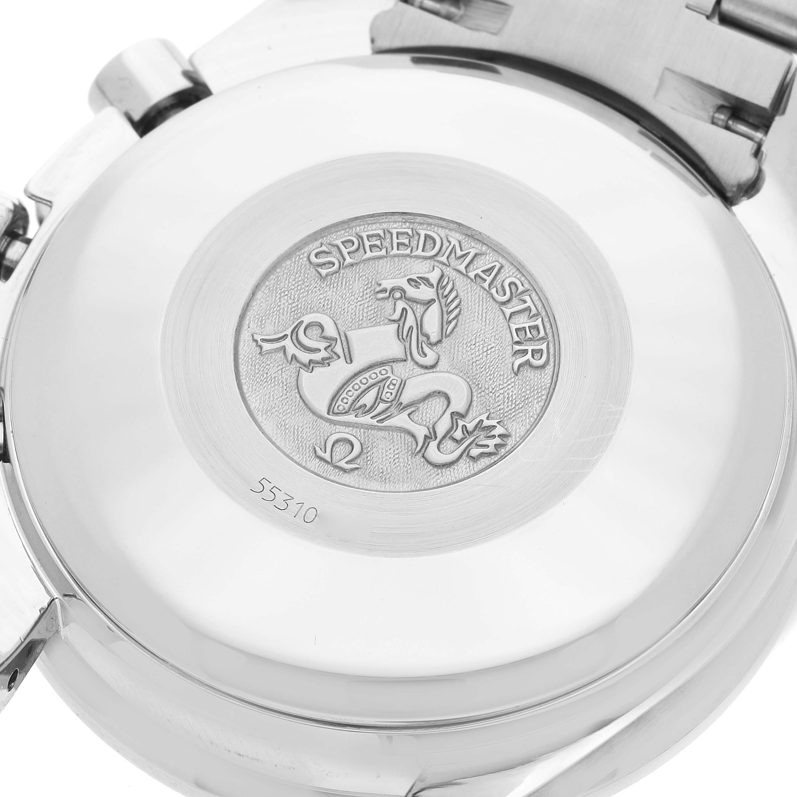 The image shows the case back of an Omega Speedmaster 3513.33.00 Men's Stainless Steel Silver Dial 3513.33.00 Men's Stainless Steel Silver Dial watch with its engraved logo and model name.