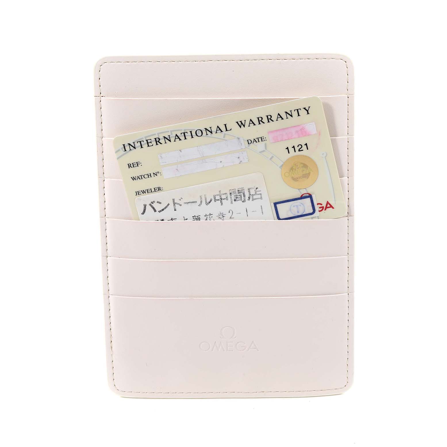 This image shows an Omega Speedmaster 3513.33.00 Men's Stainless Steel Silver Dial 3513.33.00 Men's Stainless Steel Silver Dial International Warranty card inside an Omega-branded cardholder, viewed from the front.