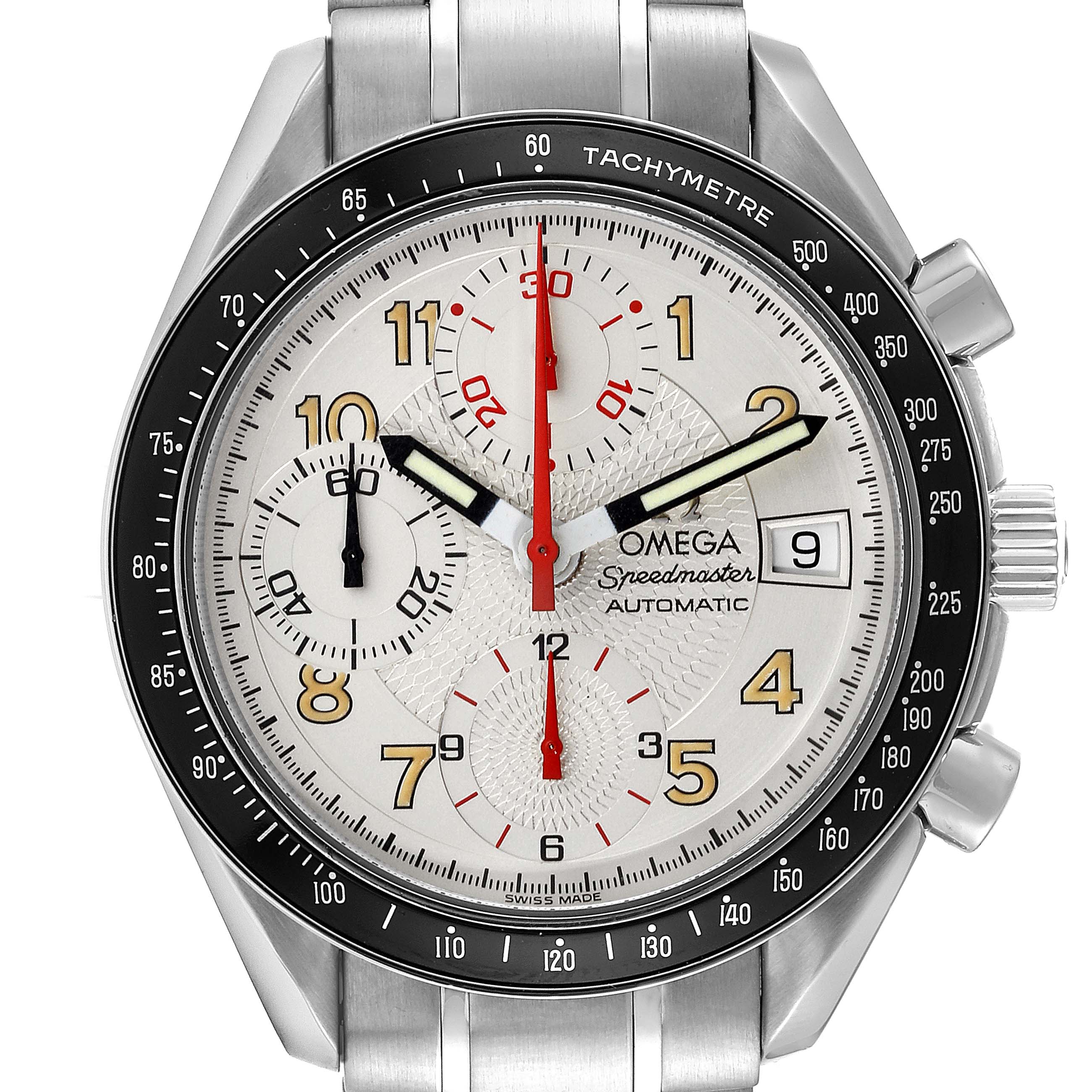 This image shows a frontal view of the Omega Speedmaster 3513.33.00 Men's Stainless Steel Silver Dial 3513.33.00 Men's Stainless Steel Silver Dial watch, showcasing its face, bezel, and metal strap.