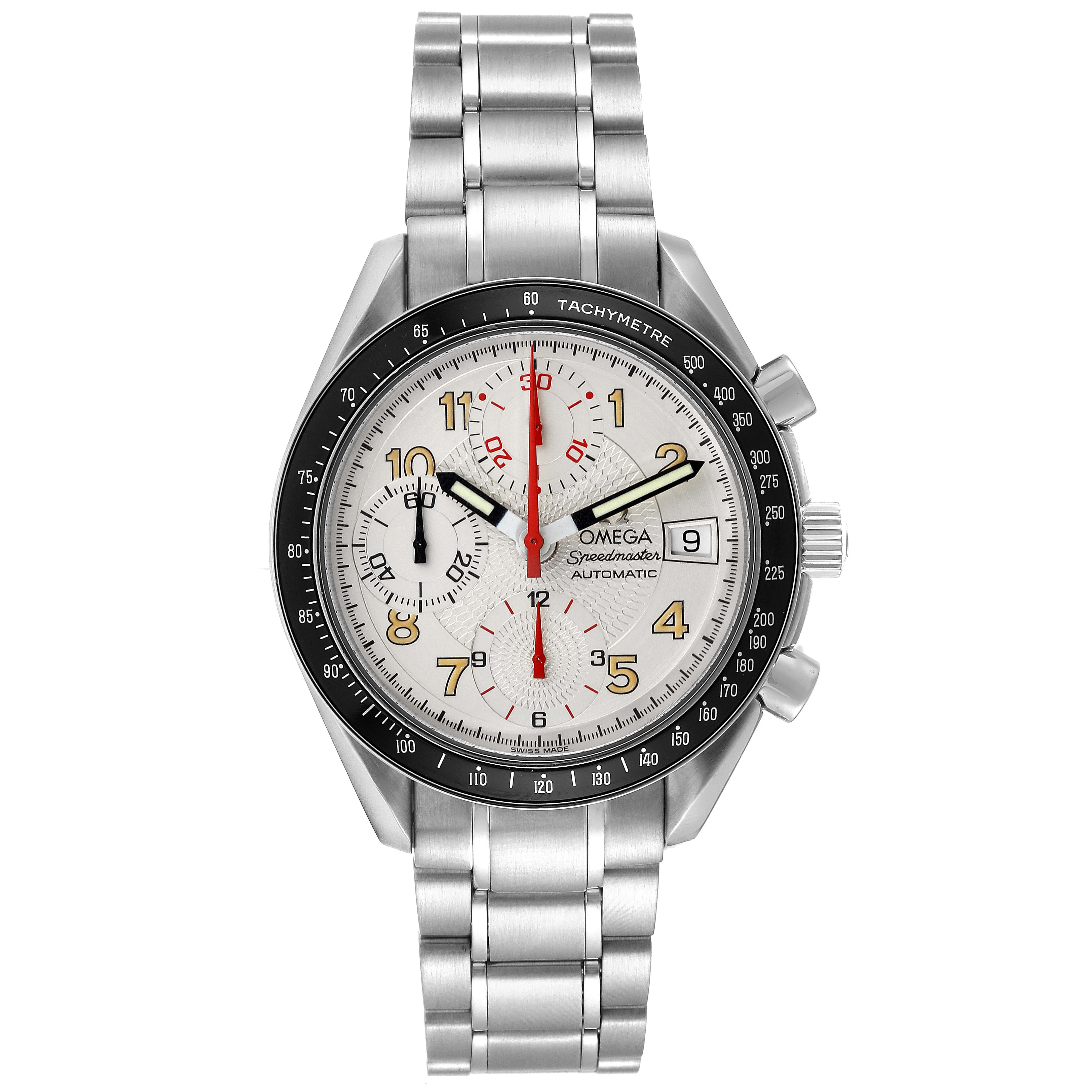 The image shows the front view of an Omega Speedmaster 3513.33.00 Men's Stainless Steel Silver Dial 3513.33.00 Men's Stainless Steel Silver Dial watch, highlighting its dial, tachymeter bezel, and stainless steel bracelet.