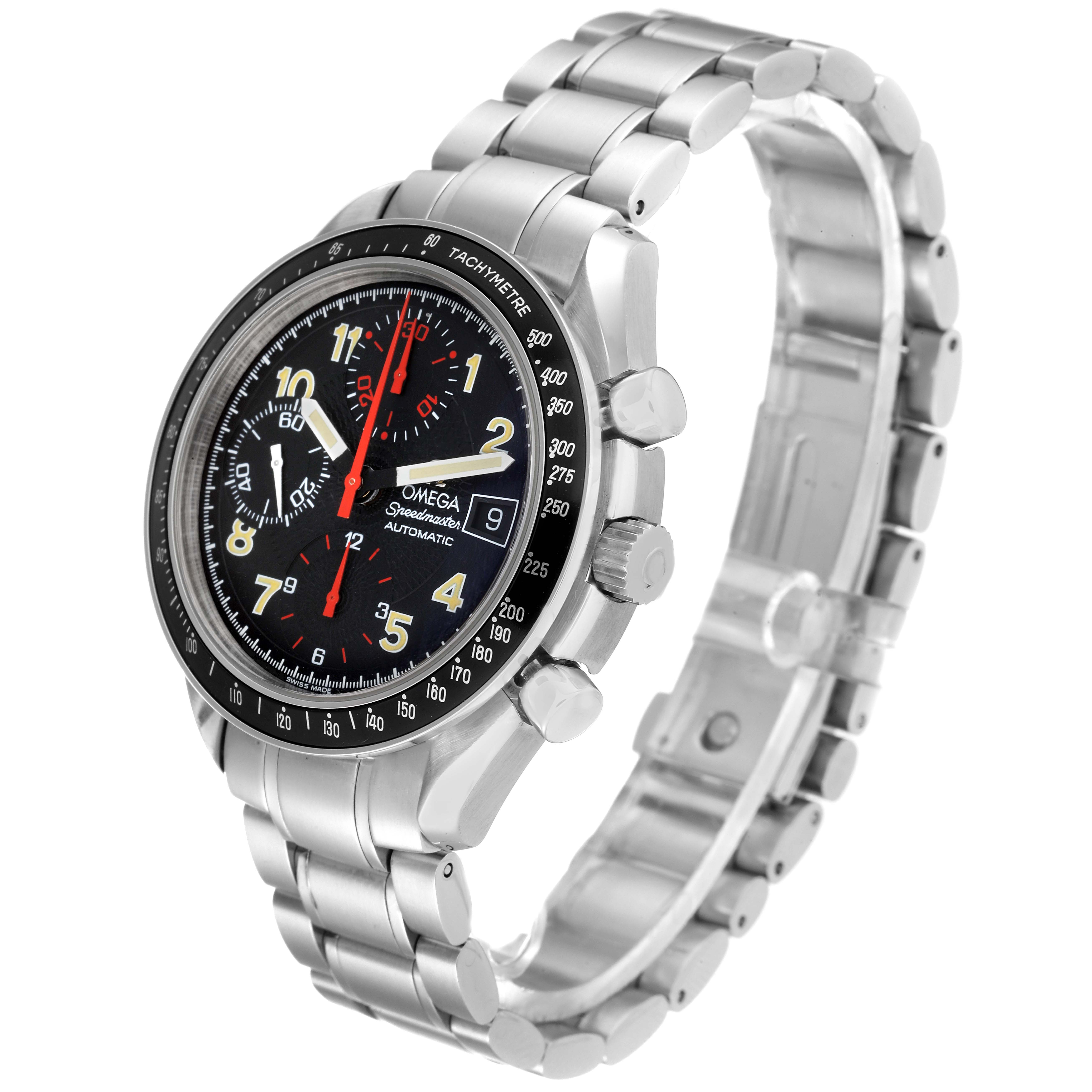 The Omega Speedmaster 3513.53.00 Men's Stainless Steel Black Dial 3513.53.00 Men's Stainless Steel Black Dial watch is shown from a side angle, showcasing the face, bezel, crown, chronograph buttons, and metal bracelet.