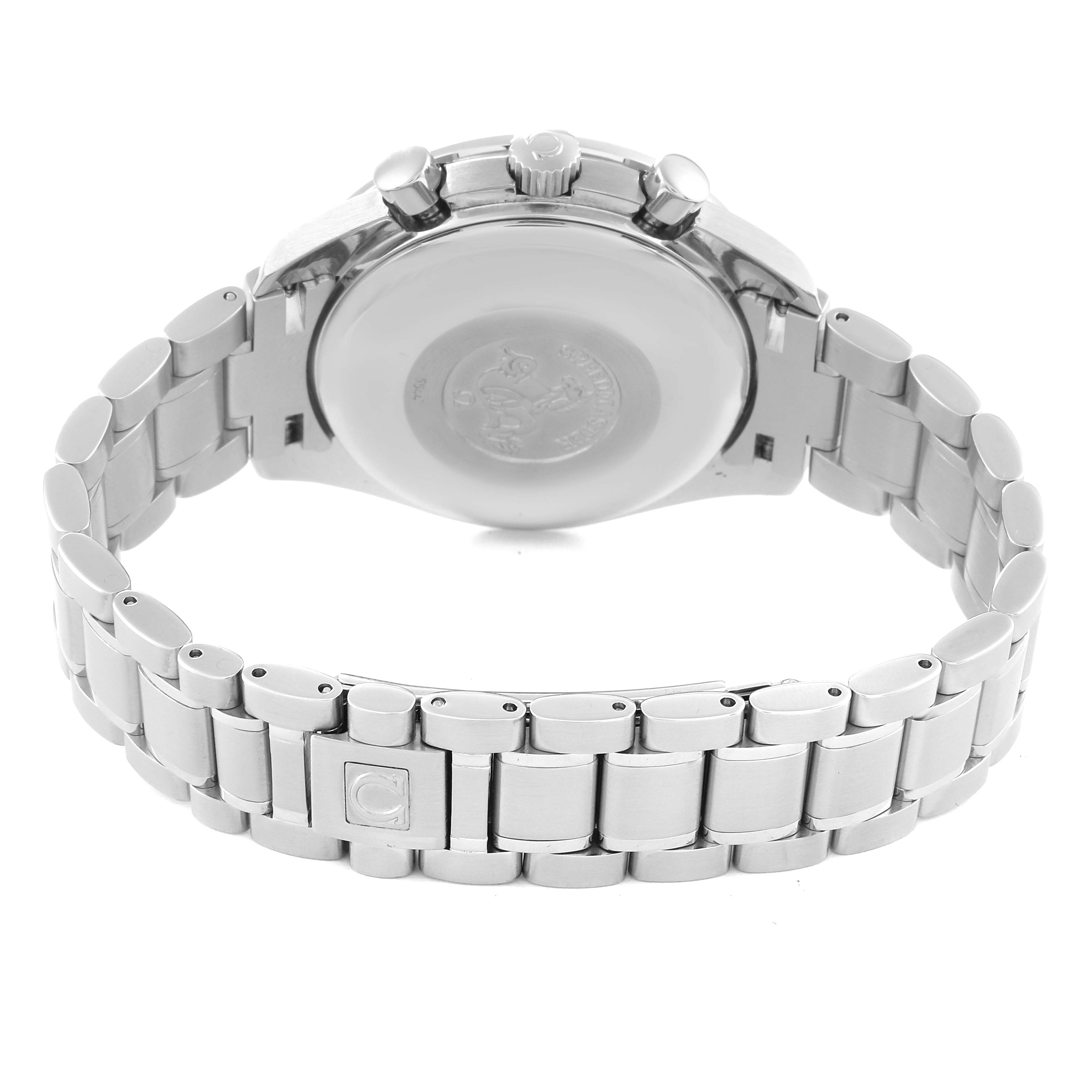 The image shows the back of the Omega Speedmaster 3513.53.00 Men's Stainless Steel Black Dial 3513.53.00 Men's Stainless Steel Black Dial watch with its stainless steel bracelet and clasp.