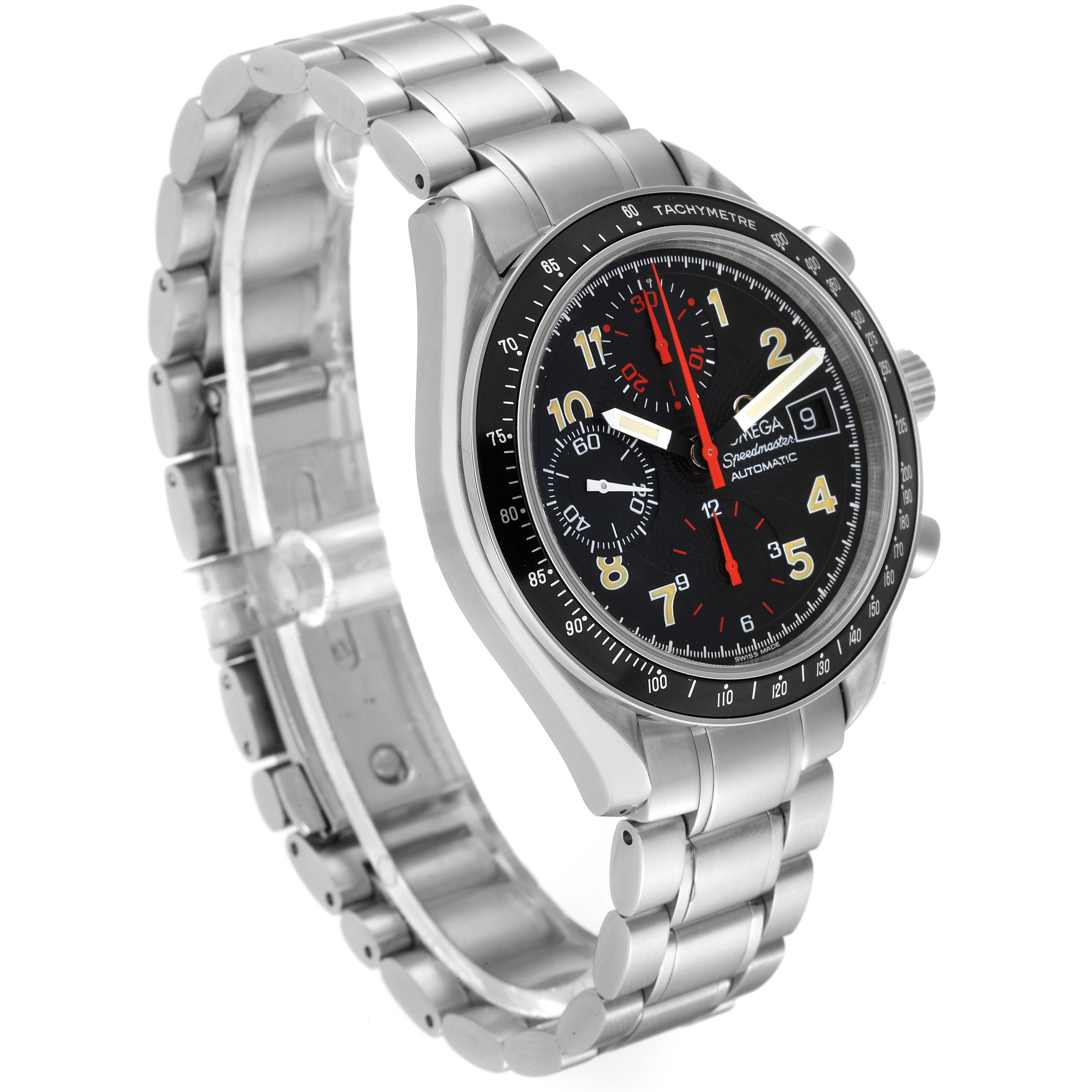 The image shows a side view of the Omega Speedmaster 3513.53.00 Men's Stainless Steel Black Dial 3513.53.00 Men's Stainless Steel Black Dial watch, highlighting the face, bezel, and stainless steel bracelet.