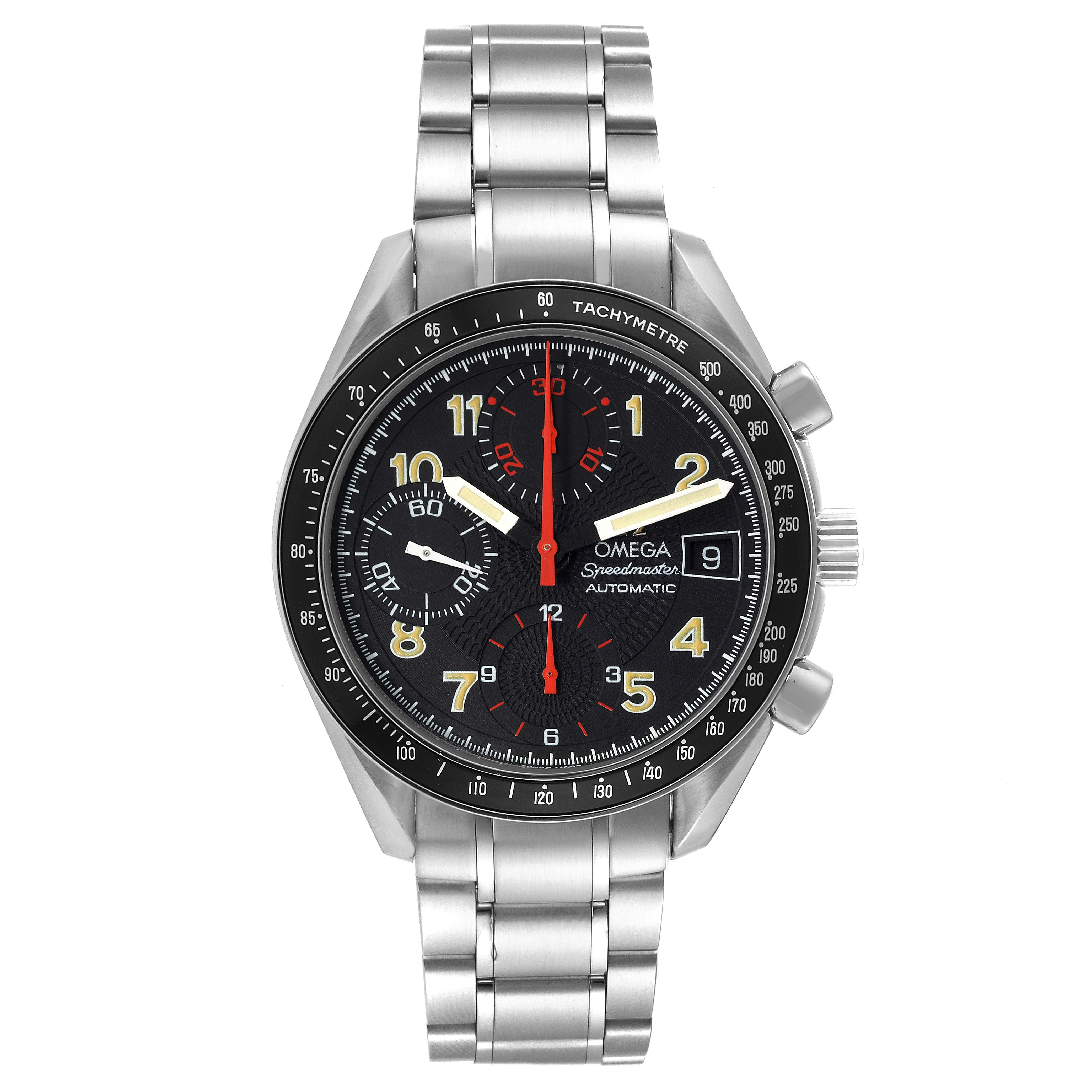The image shows a front view of the Omega Speedmaster 3513.53.00 Men's Stainless Steel Black Dial 3513.53.00 Men's Stainless Steel Black Dial watch with its dial, tachymeter bezel, and stainless steel bracelet.