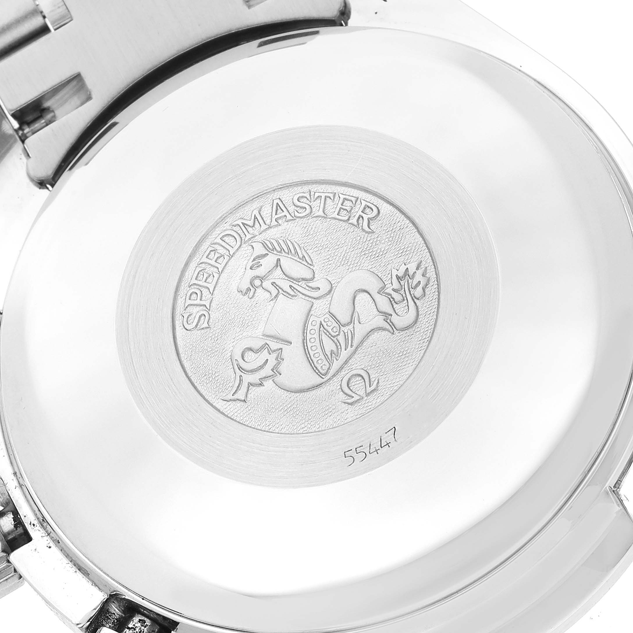 The image shows the back case of the Omega Speedmaster 3513.53.00 Men's Stainless Steel Black Dial 3513.53.00 Men's Stainless Steel Black Dial watch, featuring its engraved logo and emblem.