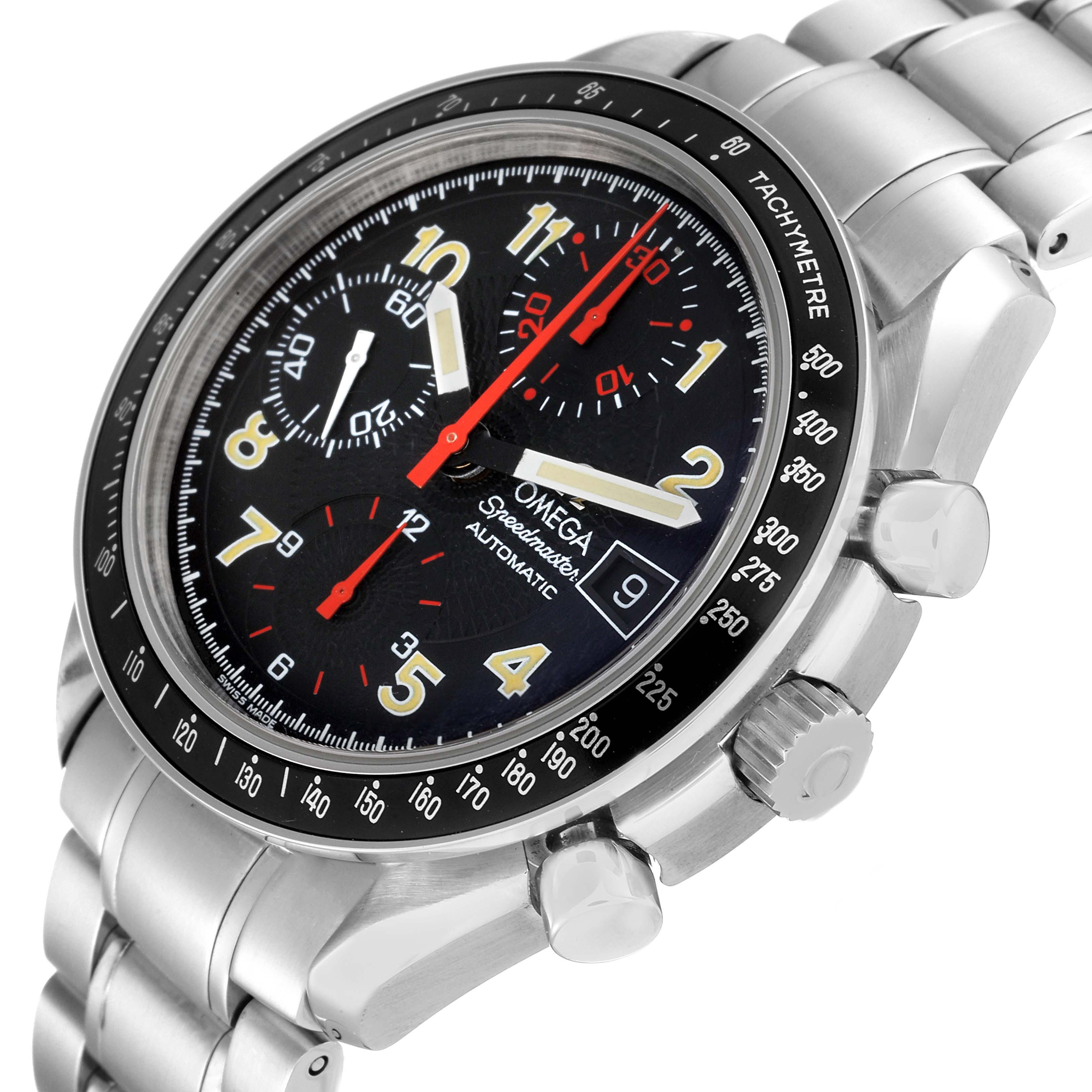 This image shows a close-up, angled view of the Omega Speedmaster 3513.53.00 Men's Stainless Steel Black Dial 3513.53.00 Men's Stainless Steel Black Dial watch, highlighting the face, bezel, crown, and bracelet.